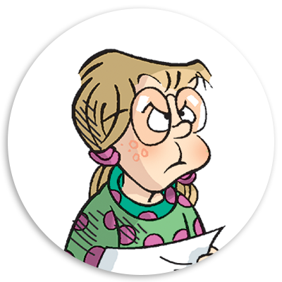 Illustration of a cartoon girl with glasses and a frown, wearing a polka-dotted sweater, holding a piece of paper, conveying an expression of displeasure or frustration.