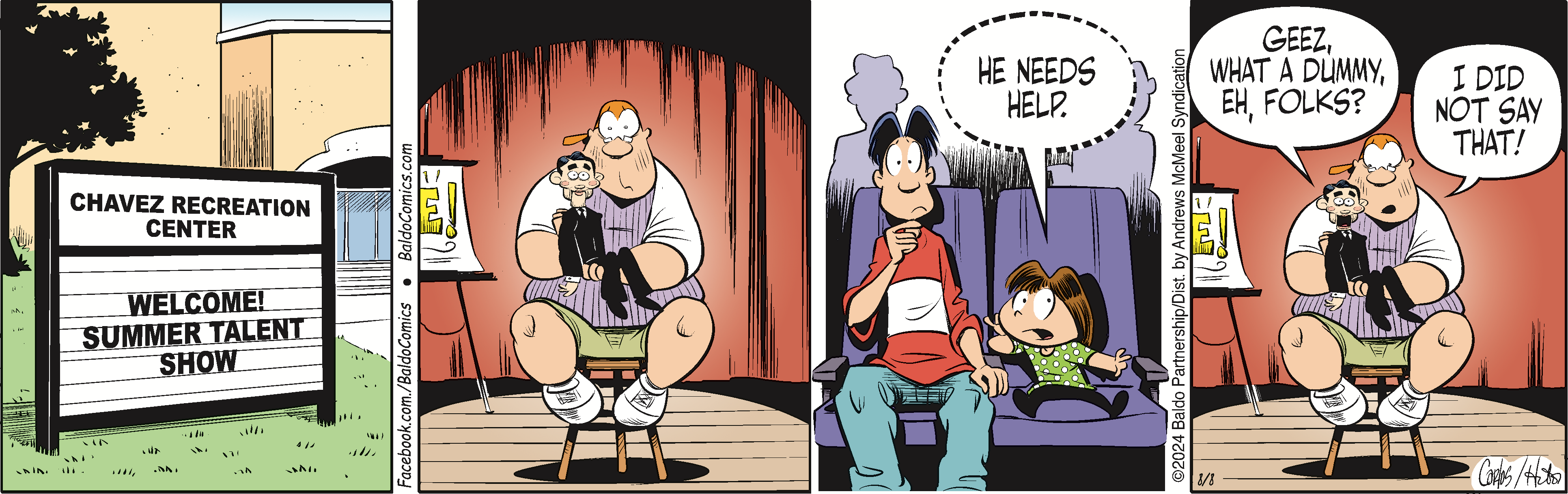 A split-panel cartoon featuring two scenes: on the left, a large boy sitting on a stool with a puppet, performing on stage; on the right, two boys sitting in theater seats, one commenting on the performance. The scene captures themes of humor and childhood entertainment.
