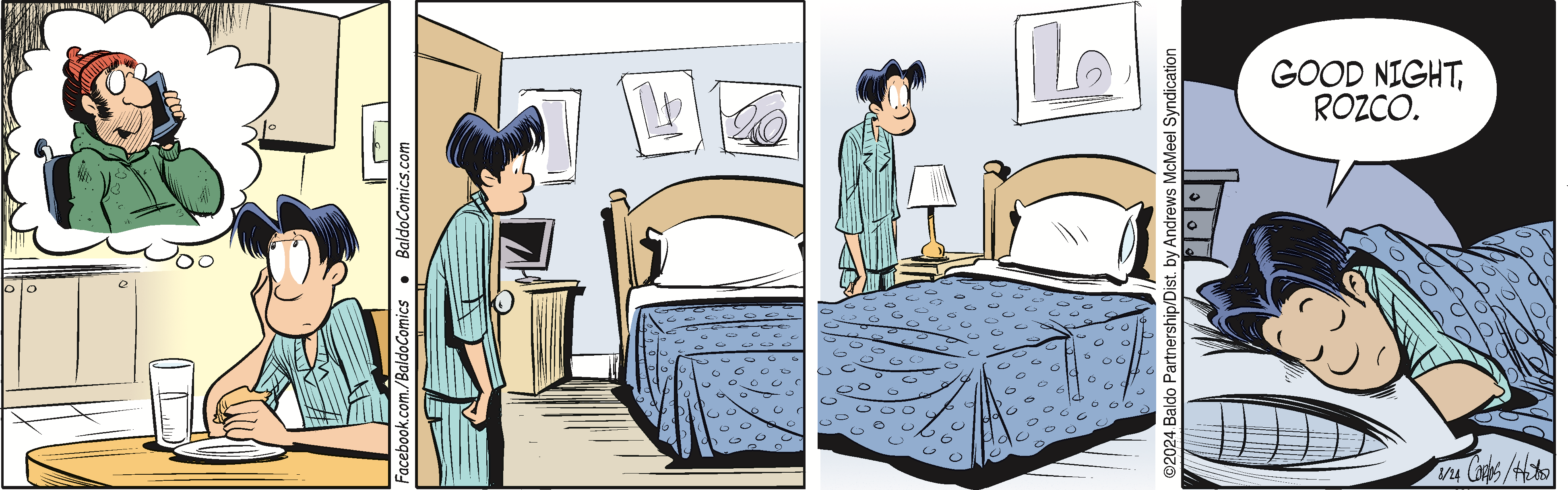 A comic strip depicting a character reflecting on a phone call while preparing for bed, featuring a cozy bedroom scene with a neatly made bed and playful dialogue as the character says goodnight to Rozco while settling in for sleep.