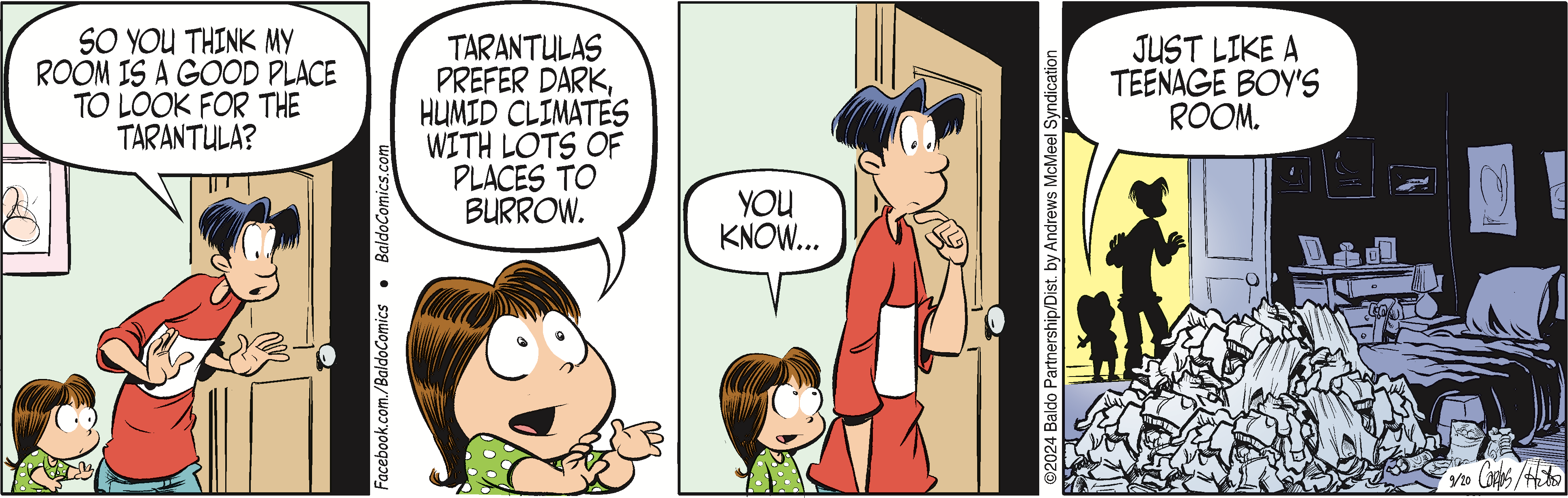A comic strip featuring two children discussing the suitability of a messy bedroom for finding a tarantula, highlighting the spider's preference for dark, humid environments. The scene includes a cluttered room with piles of clothes, emphasizing the humorous comparison to a typical teenage boy's room.