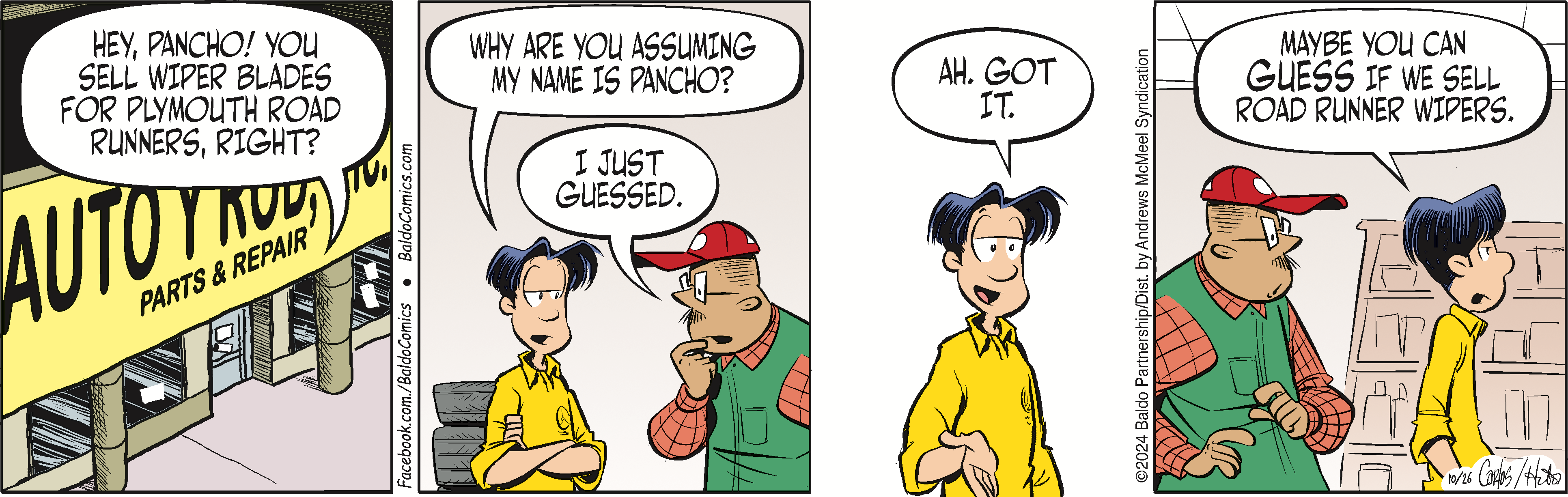 Two characters converse in an auto parts store, discussing wiper blades for Plymouth Road Runners. One character, wearing a red cap and green vest, asks about selling wiper blades, while the other, dressed in a yellow shirt, questions the assumption of his name being Pancho. The scene highlights a humorous interaction in an automotive repair setting.