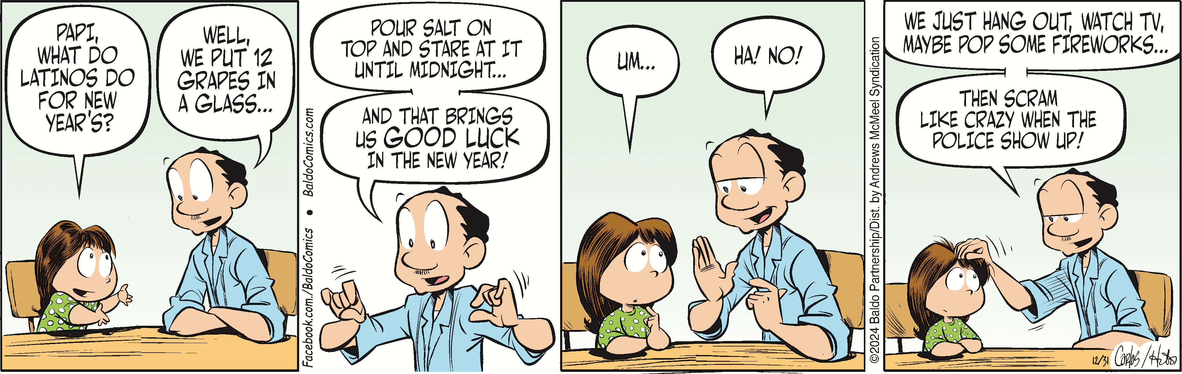 A cartoon depicting two characters in conversation about a New Year's tradition, with one character suggesting that sitting and staring at a salt shaker at midnight brings good luck. The other character appears skeptical.