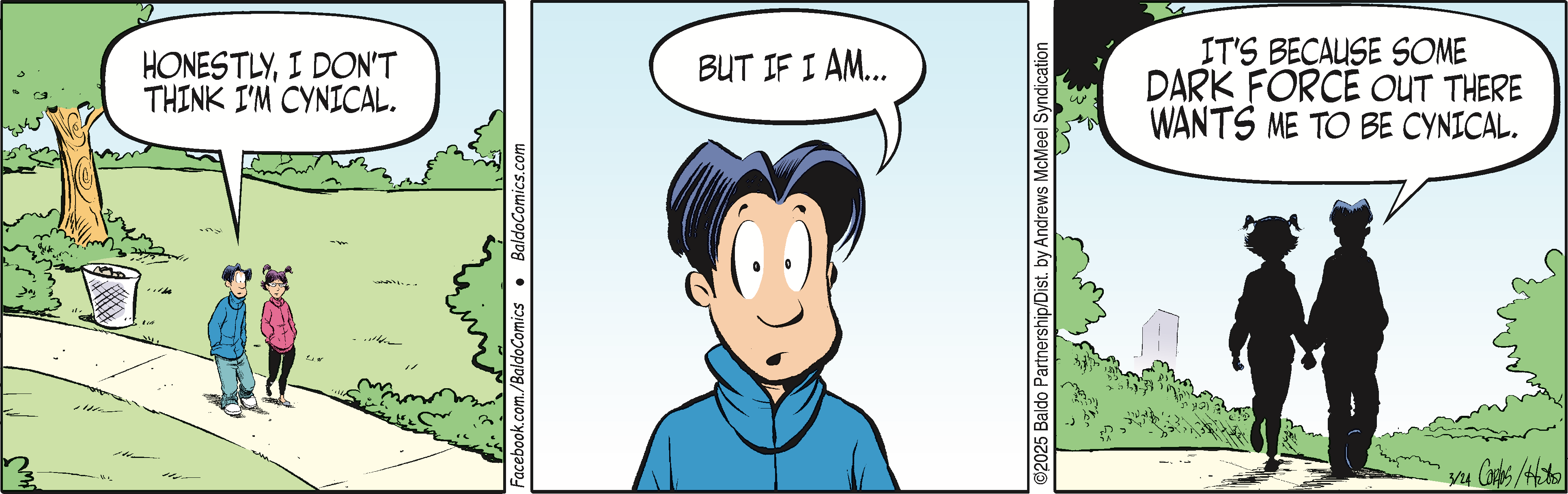 Cartoon character with dark hair, wearing a blue jacket, looking surprised and thoughtful while speaking.