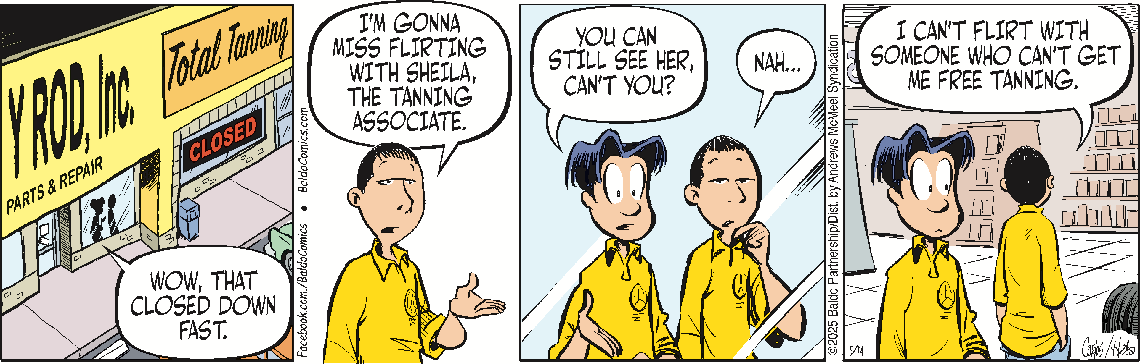 Two cartoon characters in yellow shirts engage in a humorous conversation about flirting with a girl named Sheila, with one character gesturing and the other looking contemplative. The setting appears to be a casual environment, possibly a workplace or social gathering.