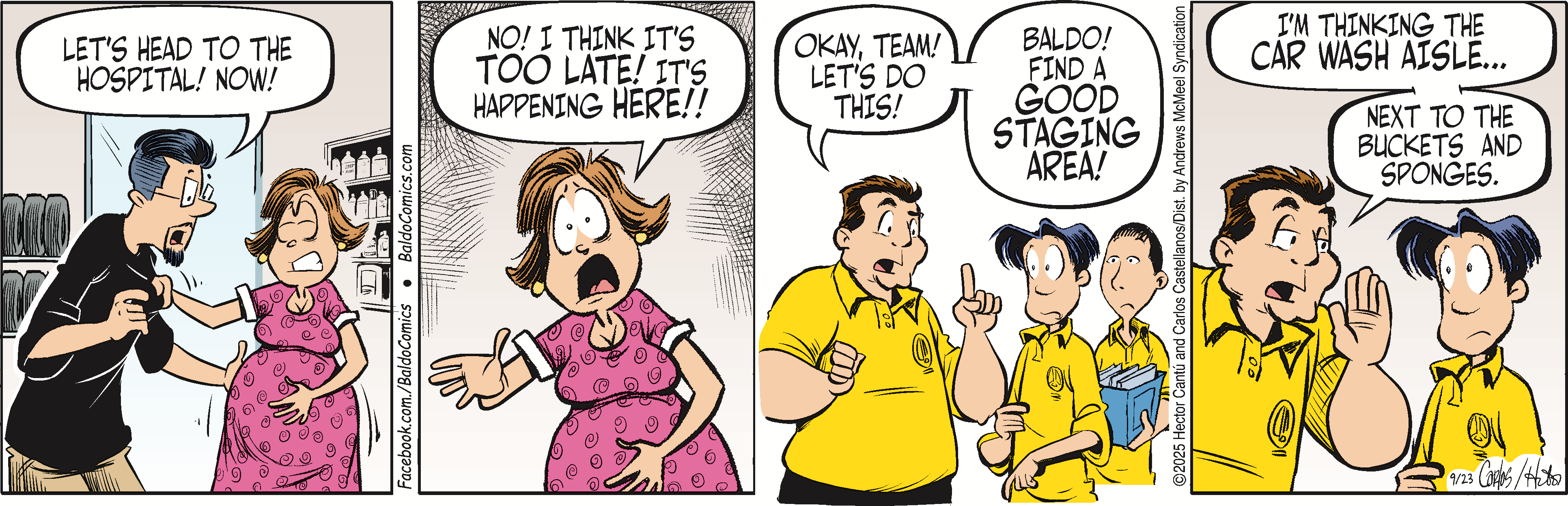 A cartoon scene depicting a pregnant woman expressing urgency, stating it's too late, while a man in a yellow shirt encourages his team to take action. The setting suggests a humorous or dramatic moment related to an unexpected situation.