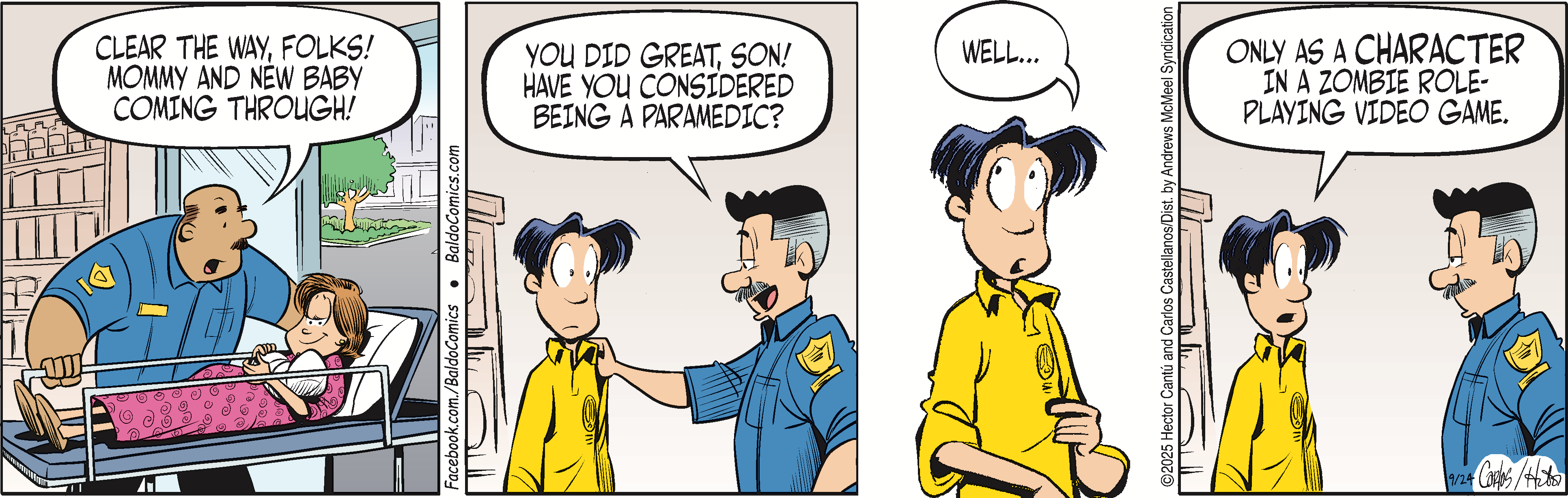 Comic strip featuring a police officer announcing the arrival of a mother and her newborn, followed by a humorous exchange about a young man's potential career as a paramedic, which he humorously declines, stating he only plays one in a zombie role-playing video game.