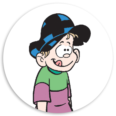 Cartoon character with a playful expression, wearing a colorful hat and a multi-colored shirt, set against a circular background.