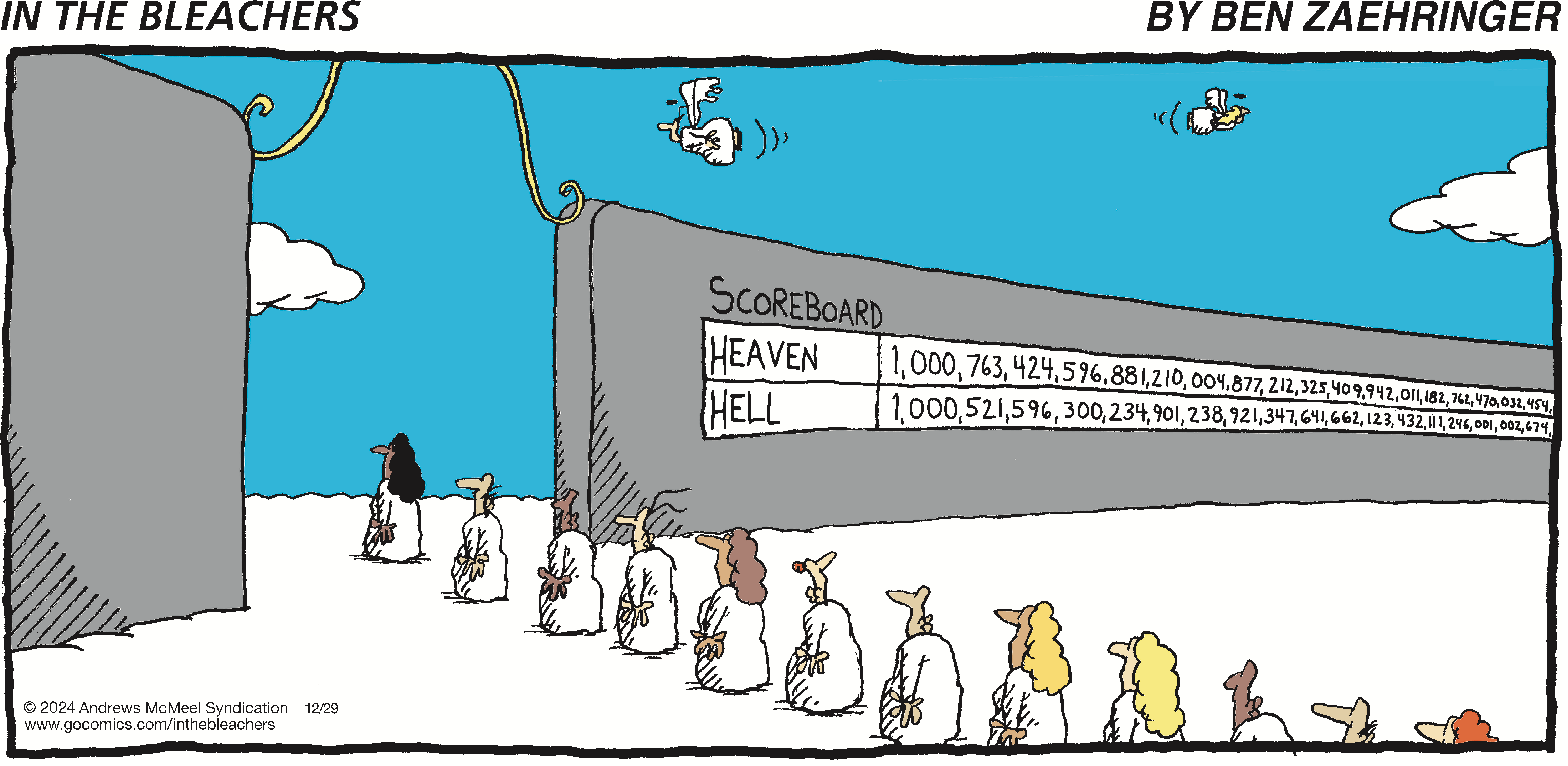 Cartoon depicting a humorous scoreboard labeled 