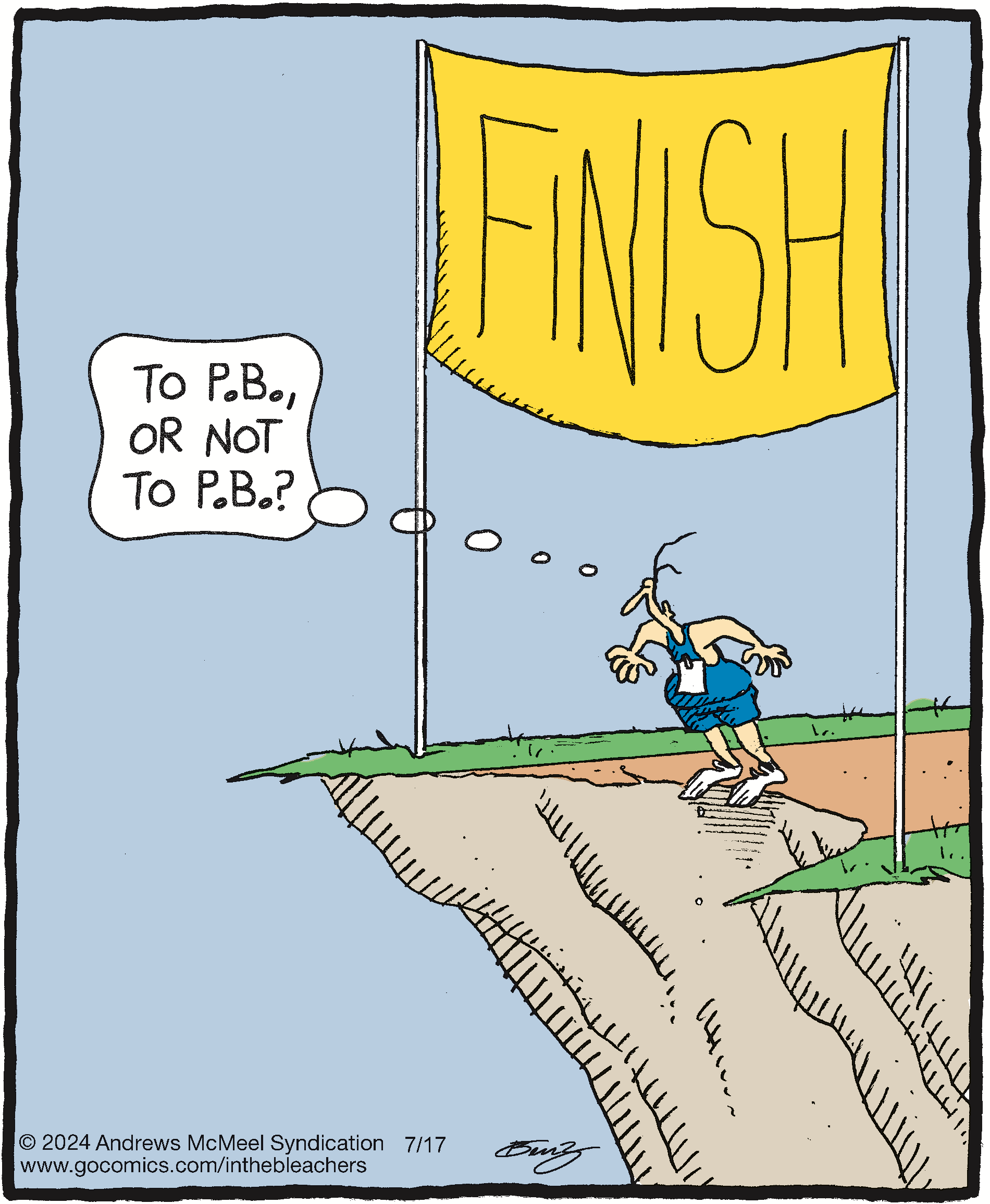 Cartoon depicting a runner contemplating whether to achieve a personal best (P.B.) as he stands at the edge of a cliff with a finish line banner above him. The humorous thought bubble reads, 