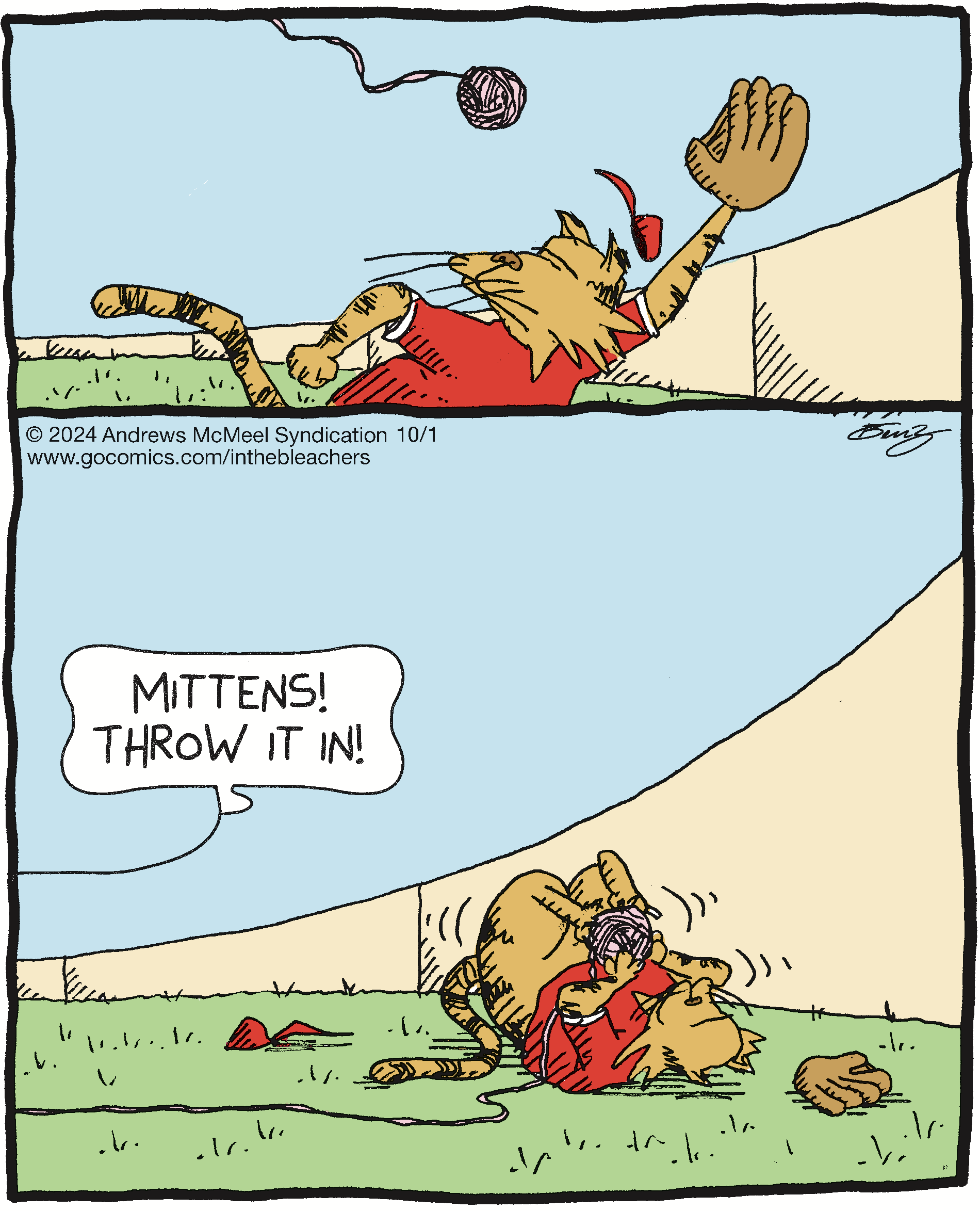 A humorous comic strip featuring a cat wearing a red shirt, excitedly chasing a ball of yarn. In the first panel, the cat leaps with its paw outstretched towards the yarn, while in the second panel, the cat playfully wrestles with a person, urging them to throw the yarn. The scene captures the playful interaction between pets and their owners.