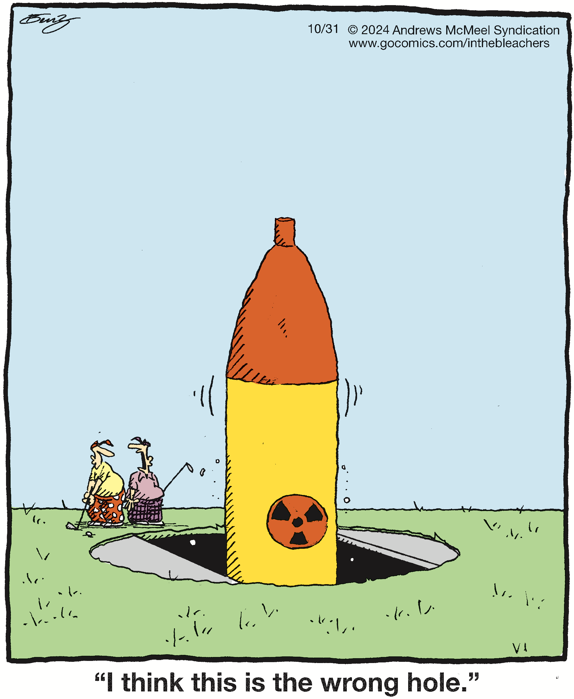 Cartoon depicting two men playing golf near a large, cartoonish nuclear missile emerging from a hole in the ground, highlighting a humorous juxtaposition of leisure and danger.