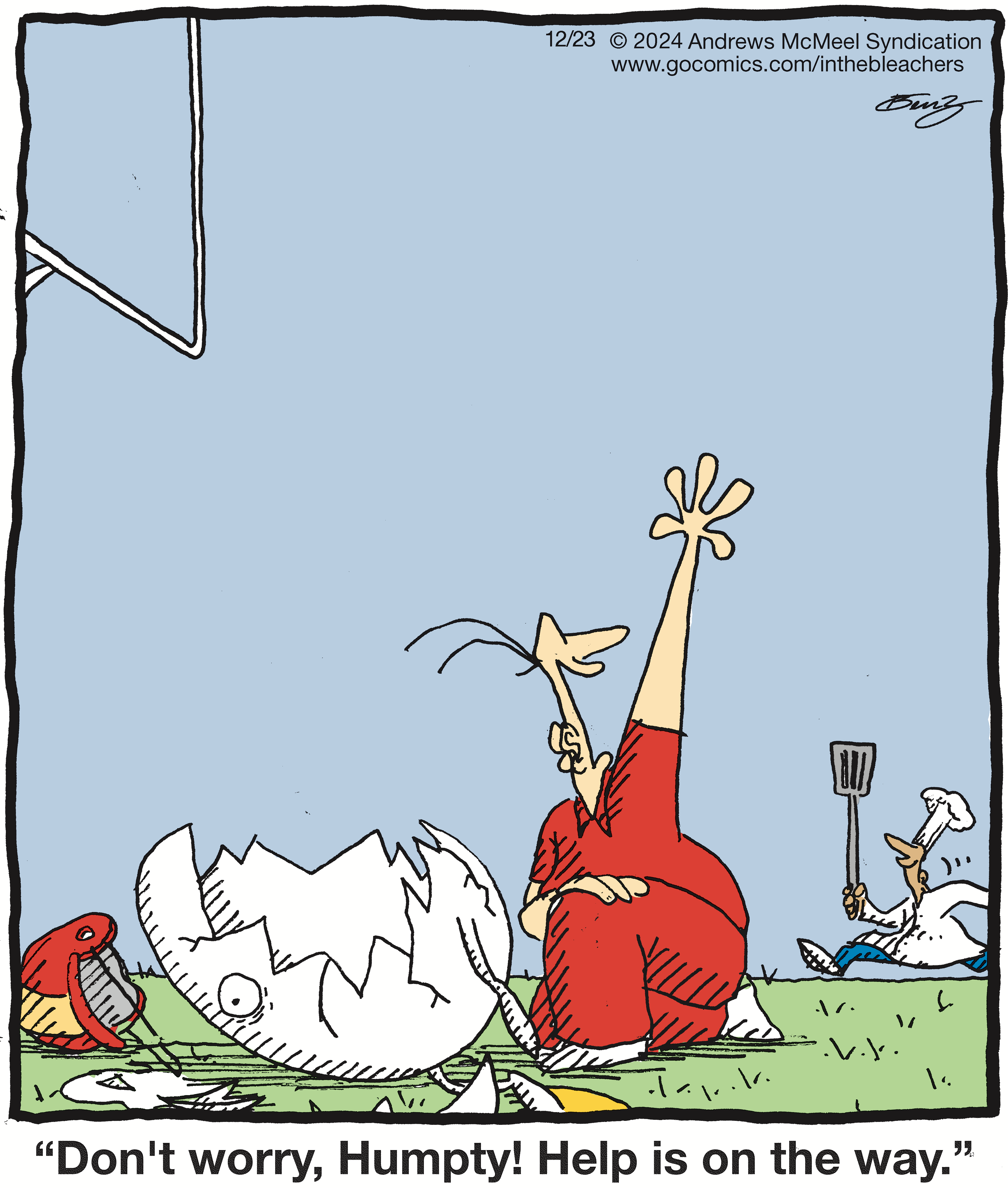 Cartoon depicting a character in red raising their arm in a humorous display of concern for Humpty Dumpty, who is represented as a broken egg on the ground. A chef holding a spatula is in the background, suggesting help is on the way. The scene combines elements of whimsy and comedy, reflecting a playful take on the classic nursery rhyme.