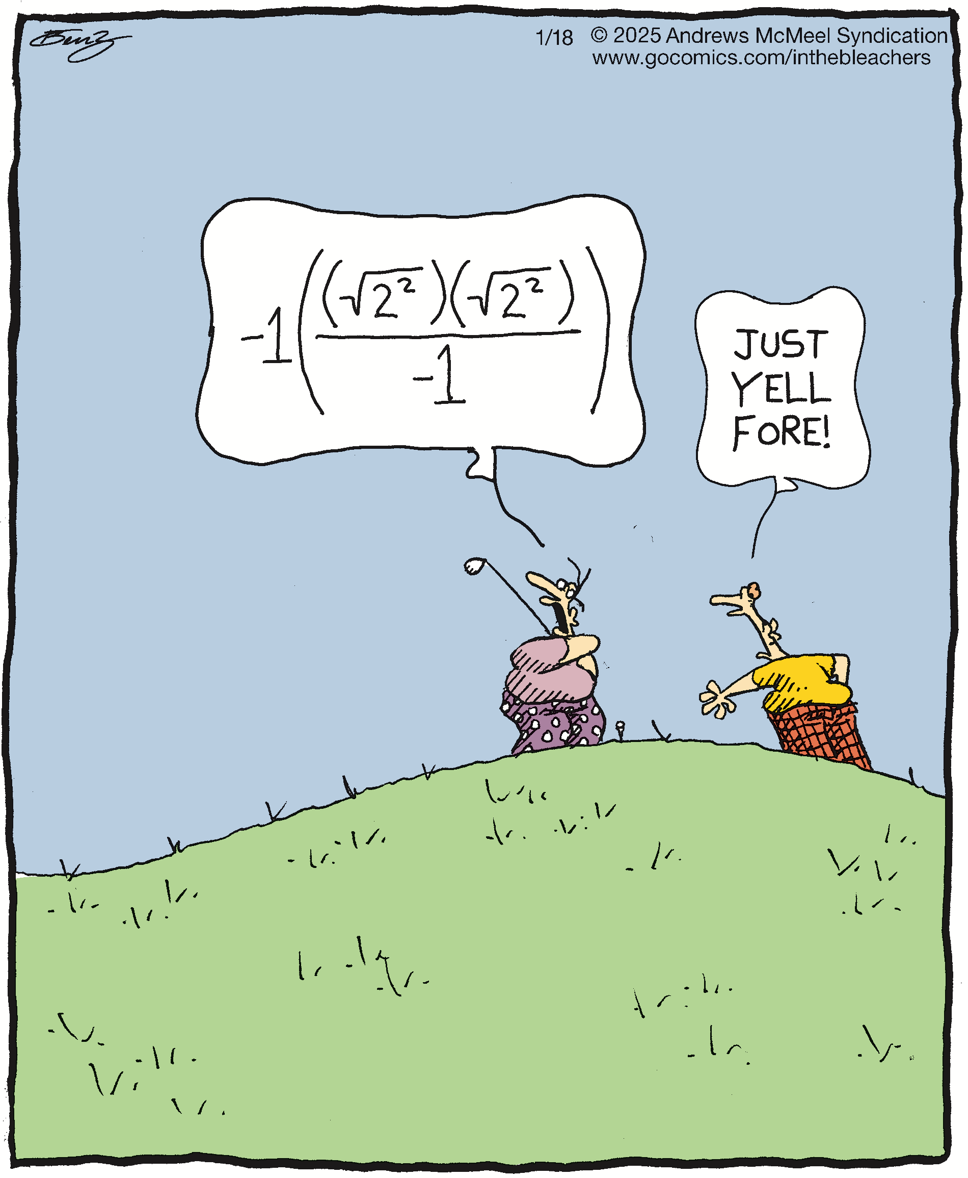 A humorous cartoon featuring two characters on a grassy hill discussing a complicated mathematical equation, with one character humorously suggesting to 