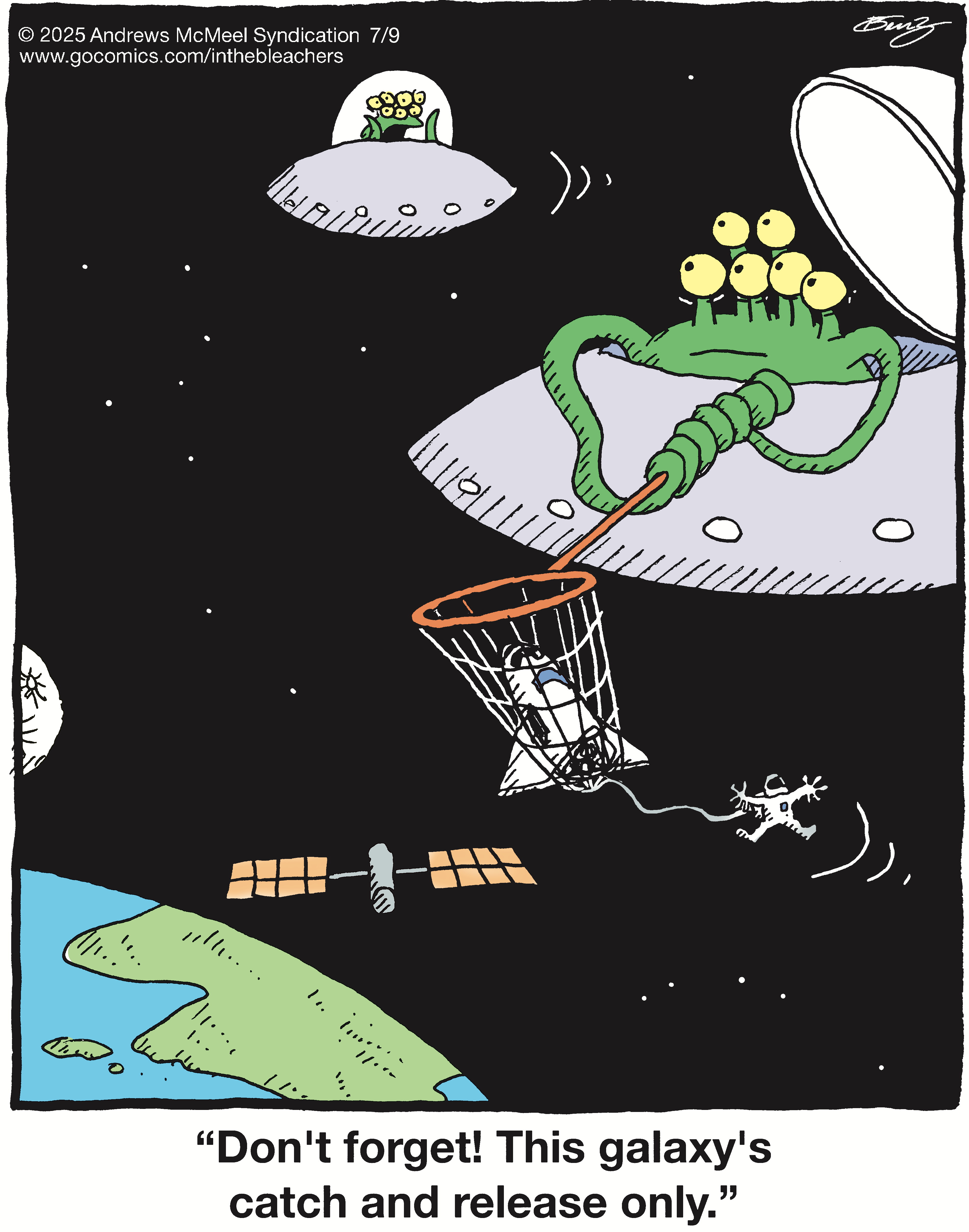 A whimsical cartoon depicting an alien with tentacles capturing an astronaut in a net while hovering above Earth, surrounded by flying saucers and a satellite in space.