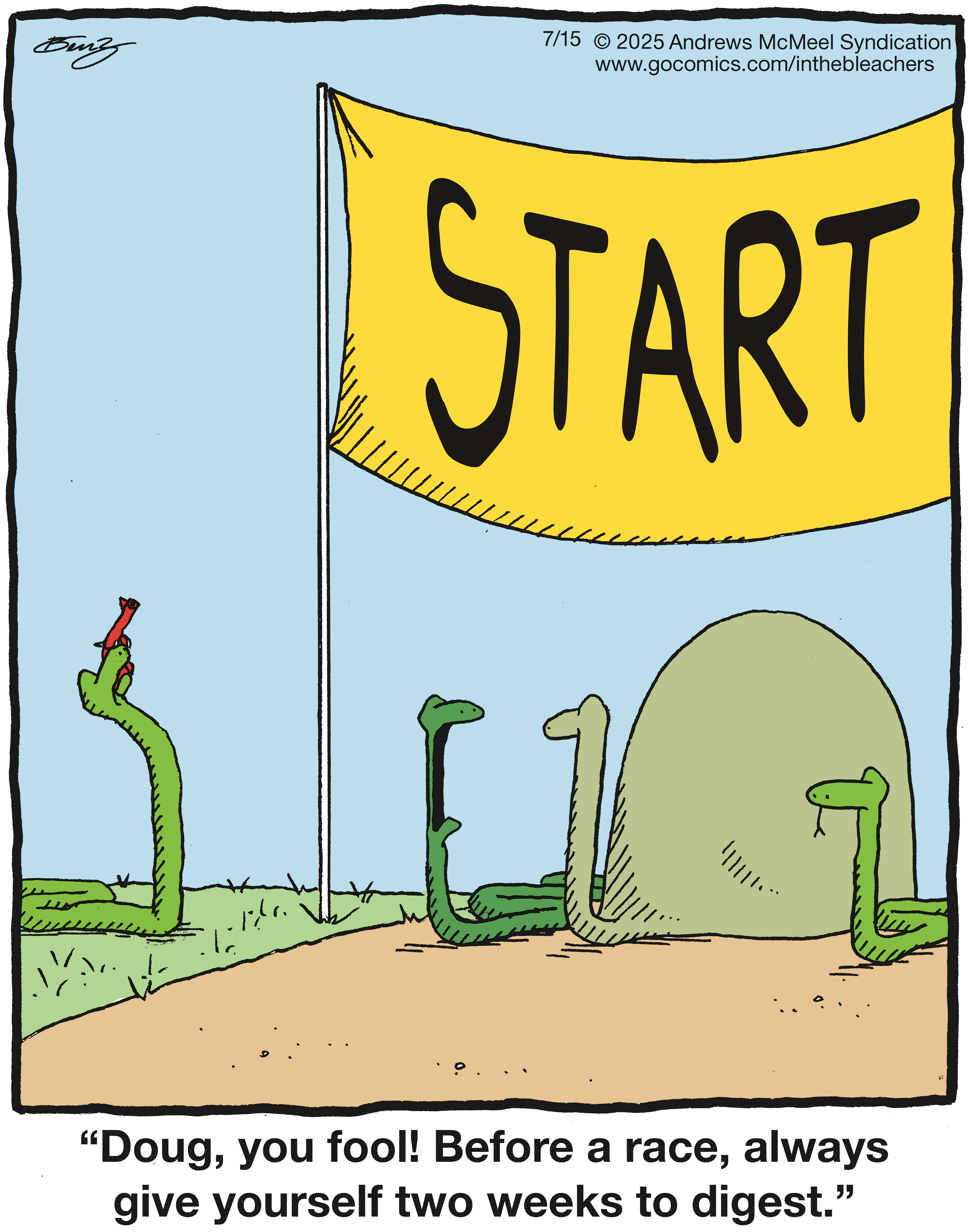 Cartoon depicting snakes at a race starting line with a large 