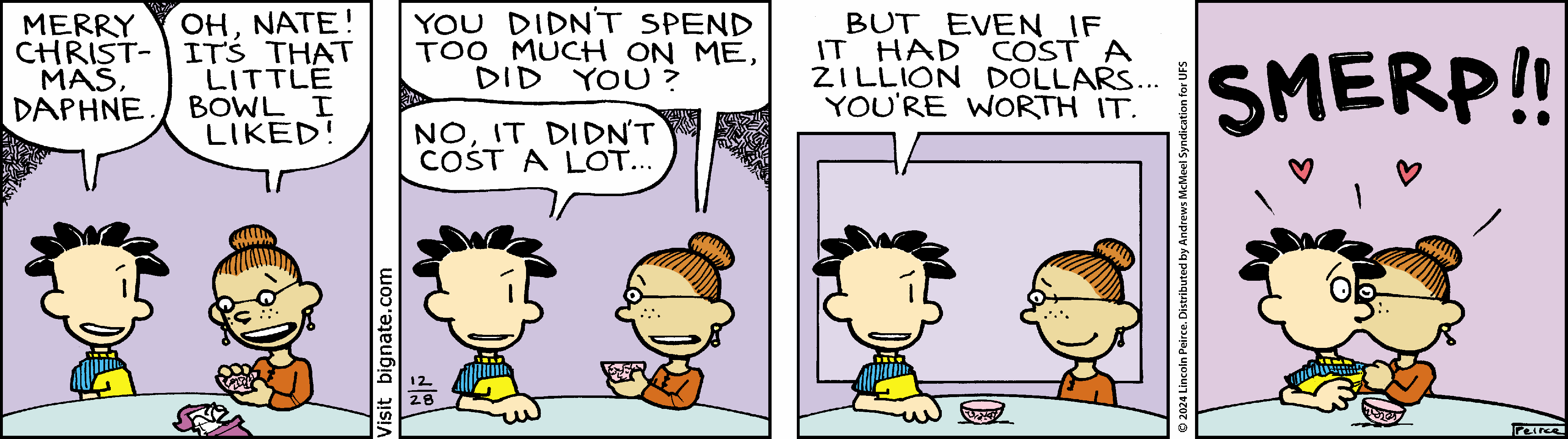 A cheerful comic strip featuring two characters, Nate and Daphne, exchanging Christmas gifts. Nate gives Daphne a small bowl she admires, and they share a lighthearted conversation about the gift's cost and its sentimental value, culminating in a playful moment. The scene showcases themes of friendship and affection during the holiday season.