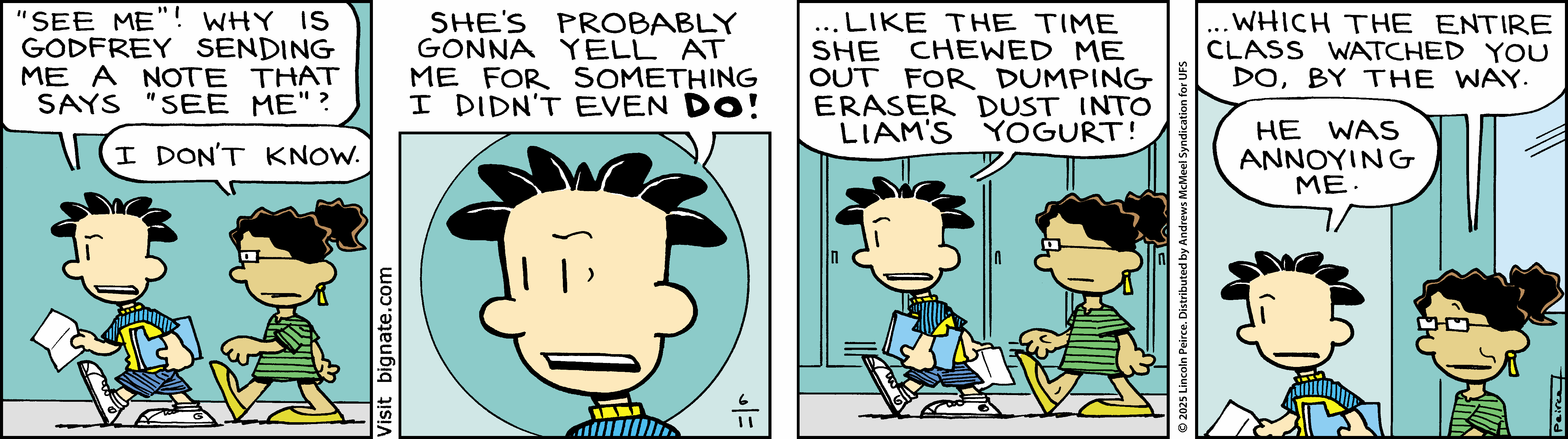 A comic strip featuring two boys in a school hallway discussing a note from their teacher, Godfrey. One boy expresses concern about being reprimanded for something he didn't do, referencing a past incident involving eraser dust in yogurt. Their conversation highlights themes of school life and friendship.