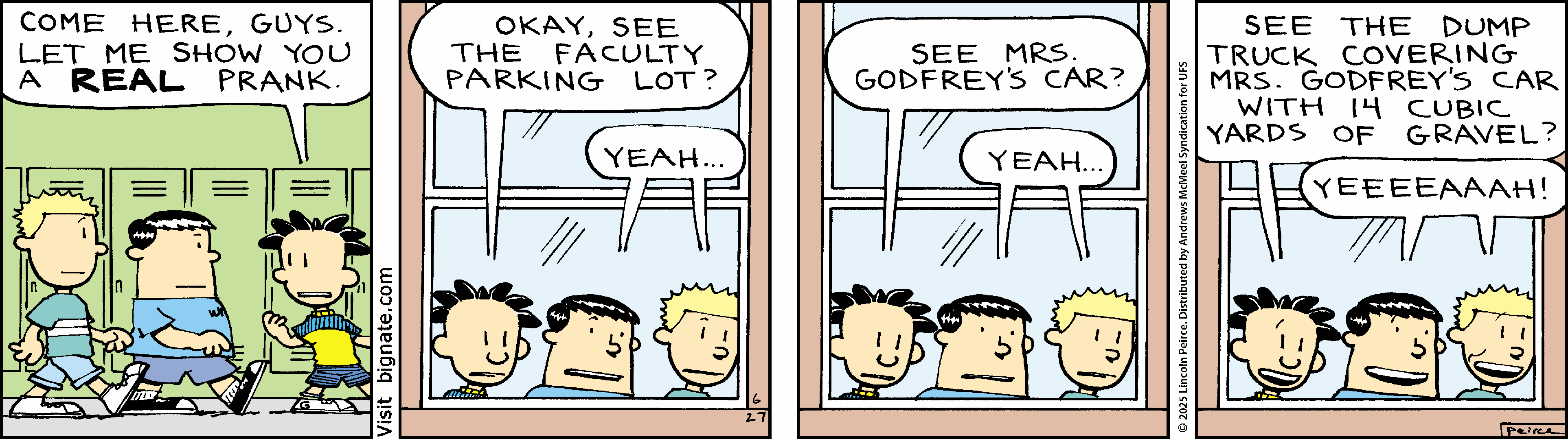 Four boys in a school hallway discuss a prank involving a dump truck covering a teacher's car with gravel. The comic features humor related to school pranks, showcasing their excitement and camaraderie.