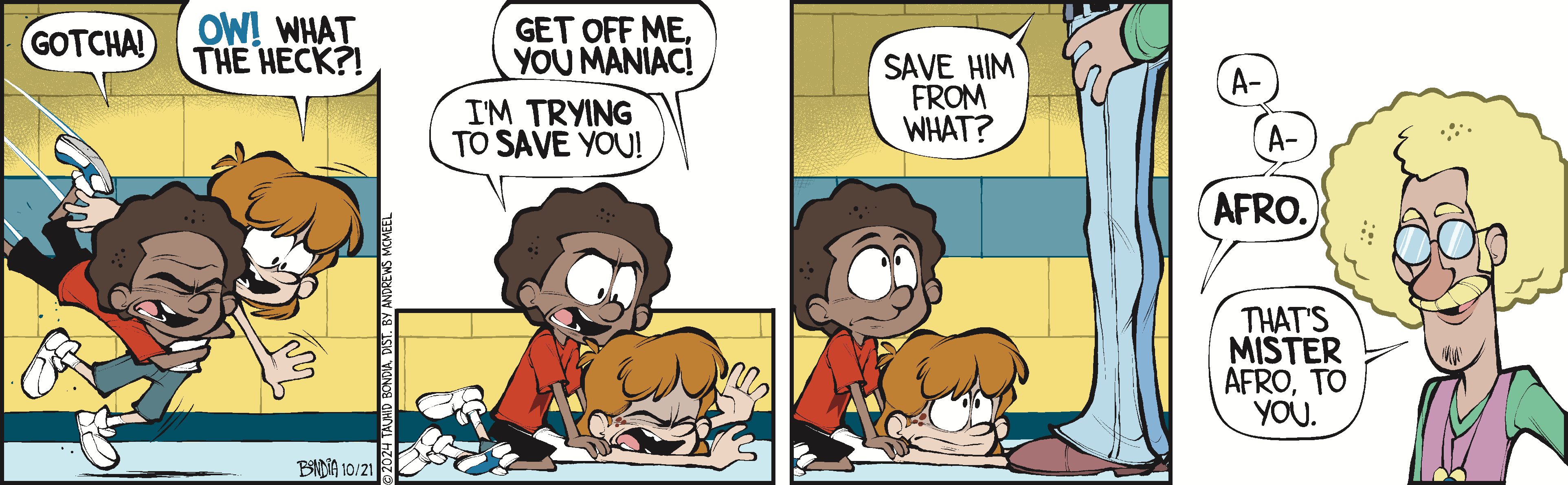 Two cartoon characters in a humorous scene, one character is pinning down another while expressing frustration, and the other responds with confusion. The background features a colorful setting, enhancing the comedic tone of the interaction.