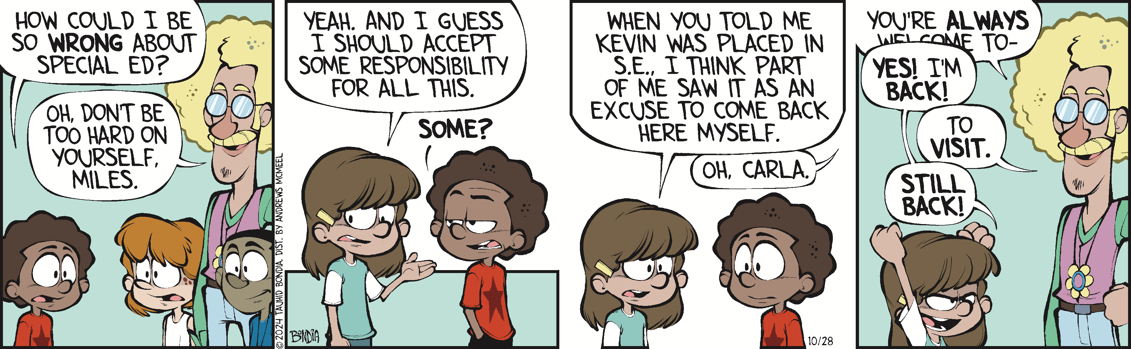 Two cartoon characters engage in a conversation, one expressing a sense of responsibility while the other reflects on a past event involving a third character named Kevin. The scene captures a lighthearted moment, showcasing their animated expressions and casual attire.
