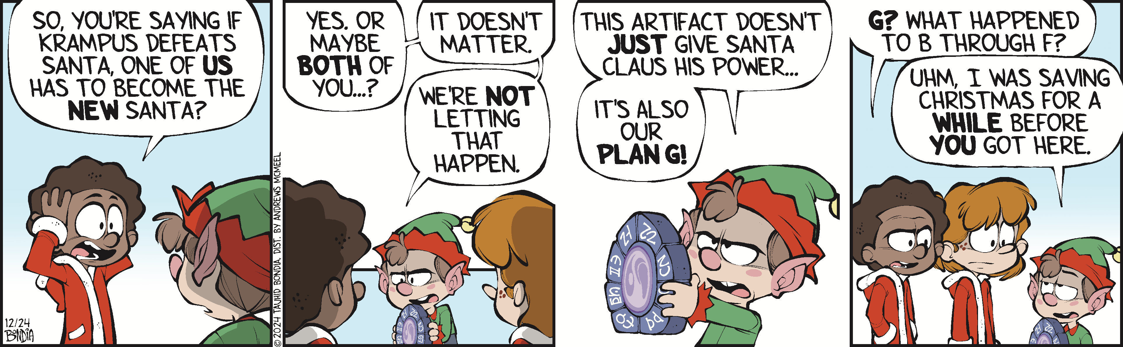 Two cartoon characters, an elf and a girl, are discussing a plan involving an artifact that can help Santa Claus. The elf is holding a circular object while emphasizing their determination to prevent something from happening. The scene captures a humorous and festive atmosphere, showcasing themes of teamwork and holiday magic.