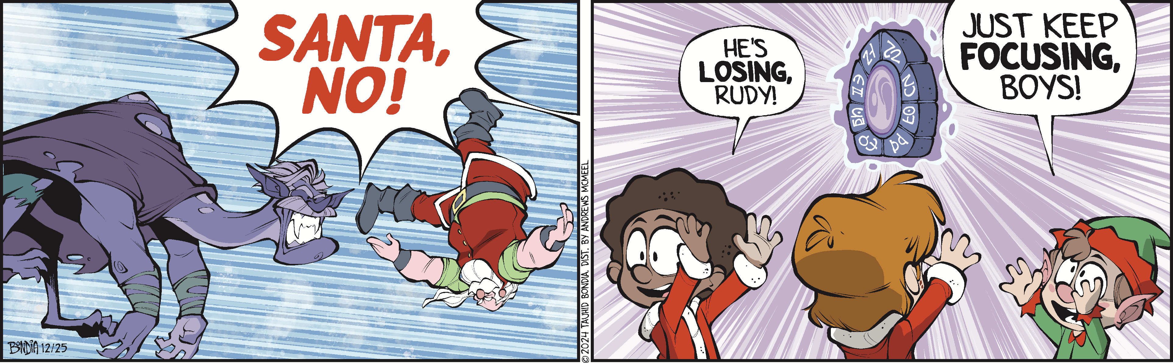 Comic panel depicting Santa being launched into the air by a villain, with shocked characters urging focus and determination. The left side shows Santa exclaiming in distress, while the right side features two characters encouraging each other amidst the chaos.
