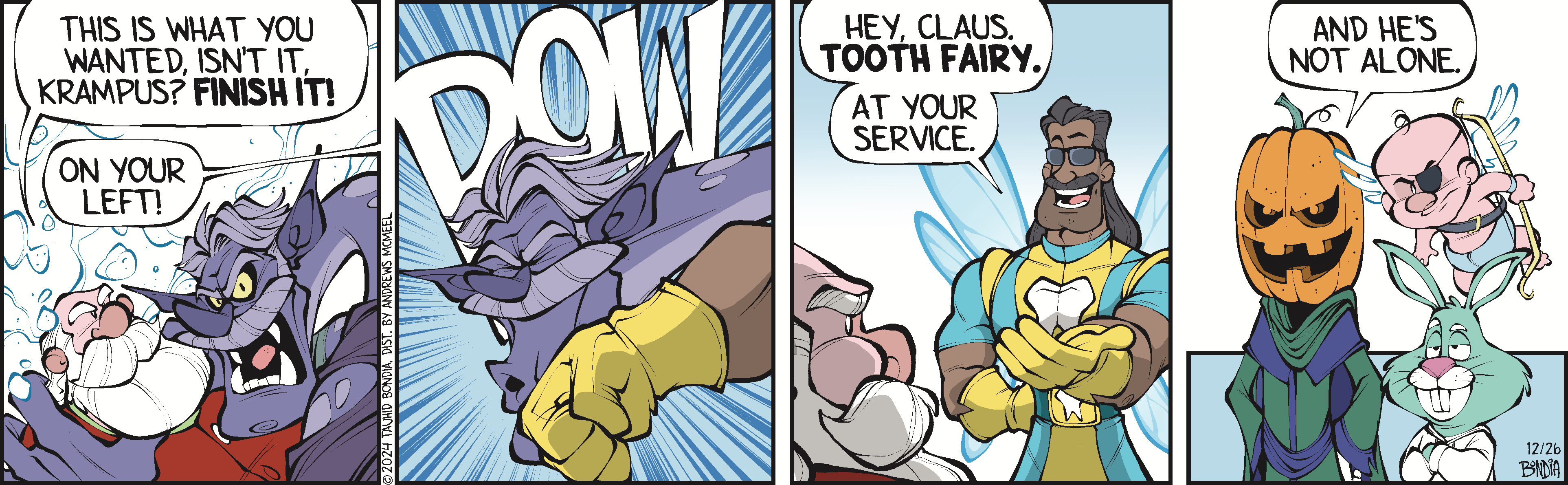 Comic panel featuring a confrontation between Krampus and Santa Claus, with action-packed dialogue. The scene showcases a humorous twist as the Tooth Fairy and other characters join in, emphasizing teamwork against Krampus. The vibrant artwork highlights the playful and festive spirit of the holiday season.