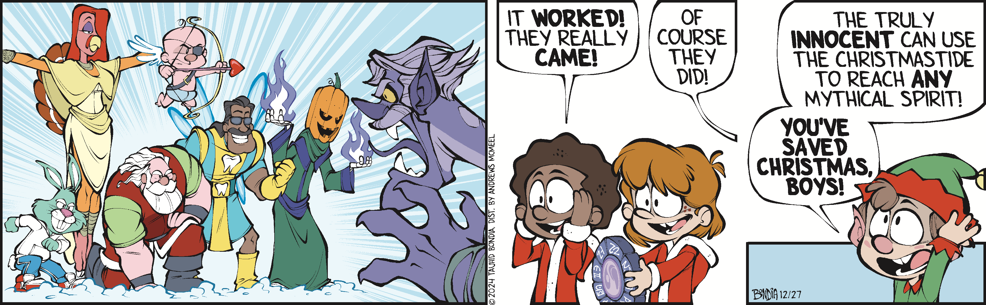 A cartoon scene featuring a surprised character with orange hair and glasses reacting to a purple monster, while another character with curly hair expresses excitement about a successful summon.