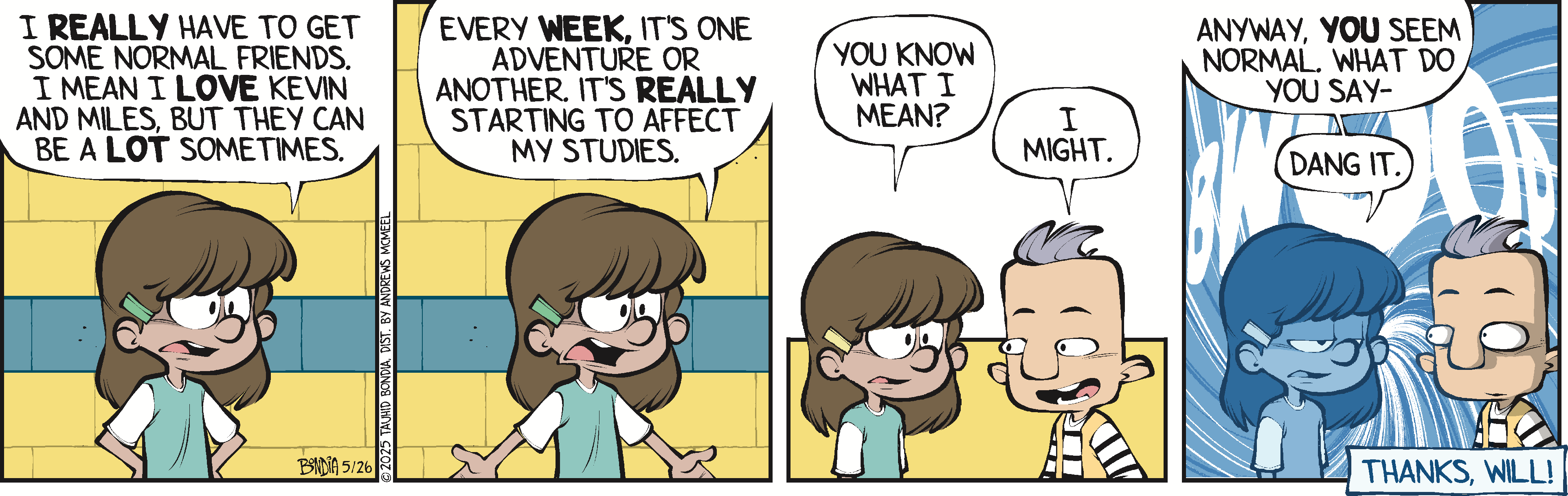 A cartoon depicting two characters engaged in a conversation about balancing adventures and academic studies, highlighting the challenges of managing extracurricular activities and their impact on schoolwork.