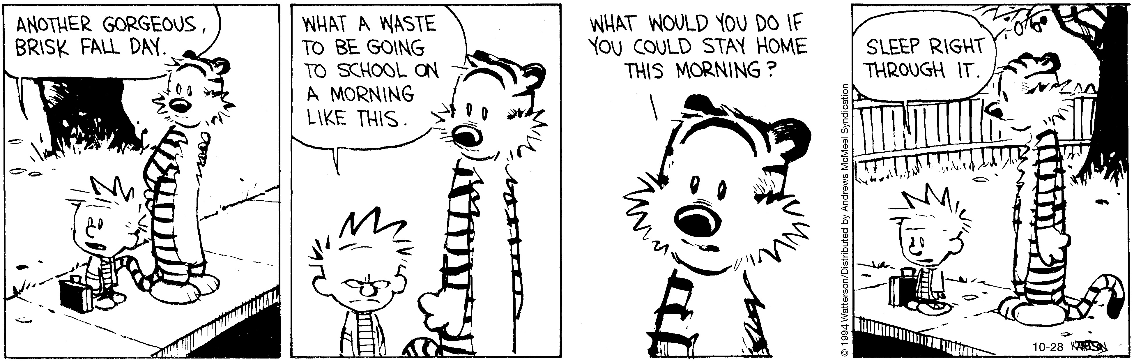 Calvin and Hobbes comic strip featuring Calvin expressing frustration about school, while Hobbes suggests staying home. The characters showcase their playful dynamic and the theme of childhood imagination.