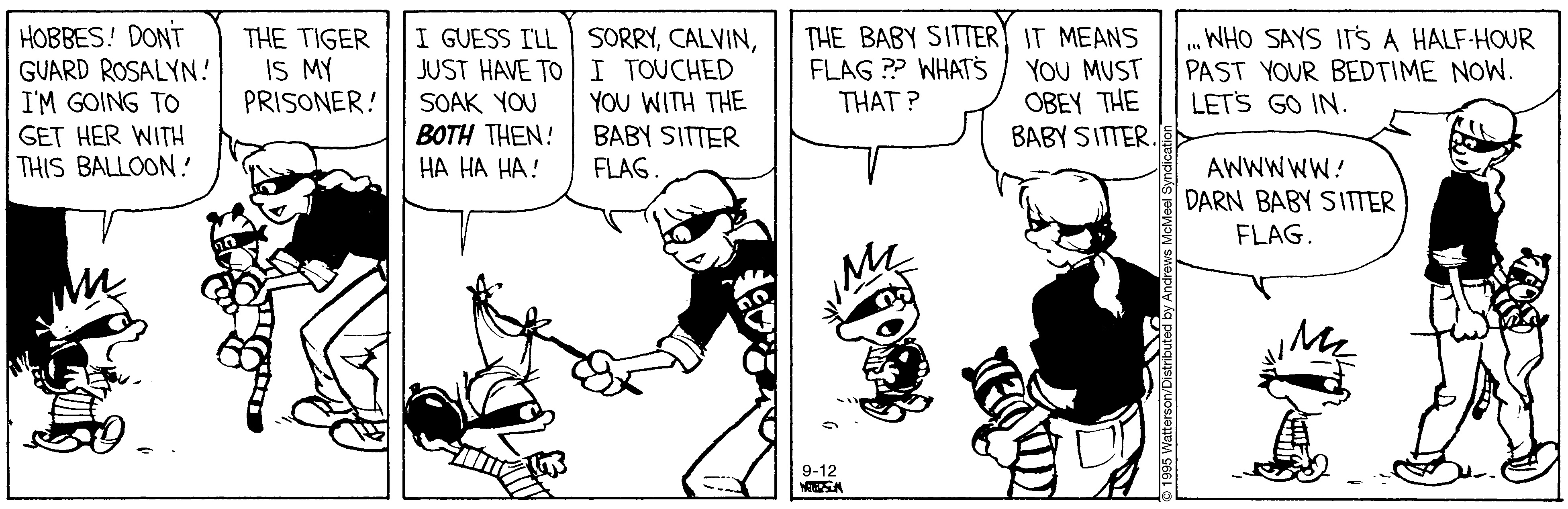 Comic strip featuring Calvin and Hobbes, where Calvin plans to rescue Rosalyn with a balloon. A babysitter intervenes, introducing the 