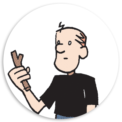 Illustration of a young boy holding a stick, wearing a black shirt and blue pants, with a thoughtful expression. The image features a simple, cartoonish style and is set against a circular white background.