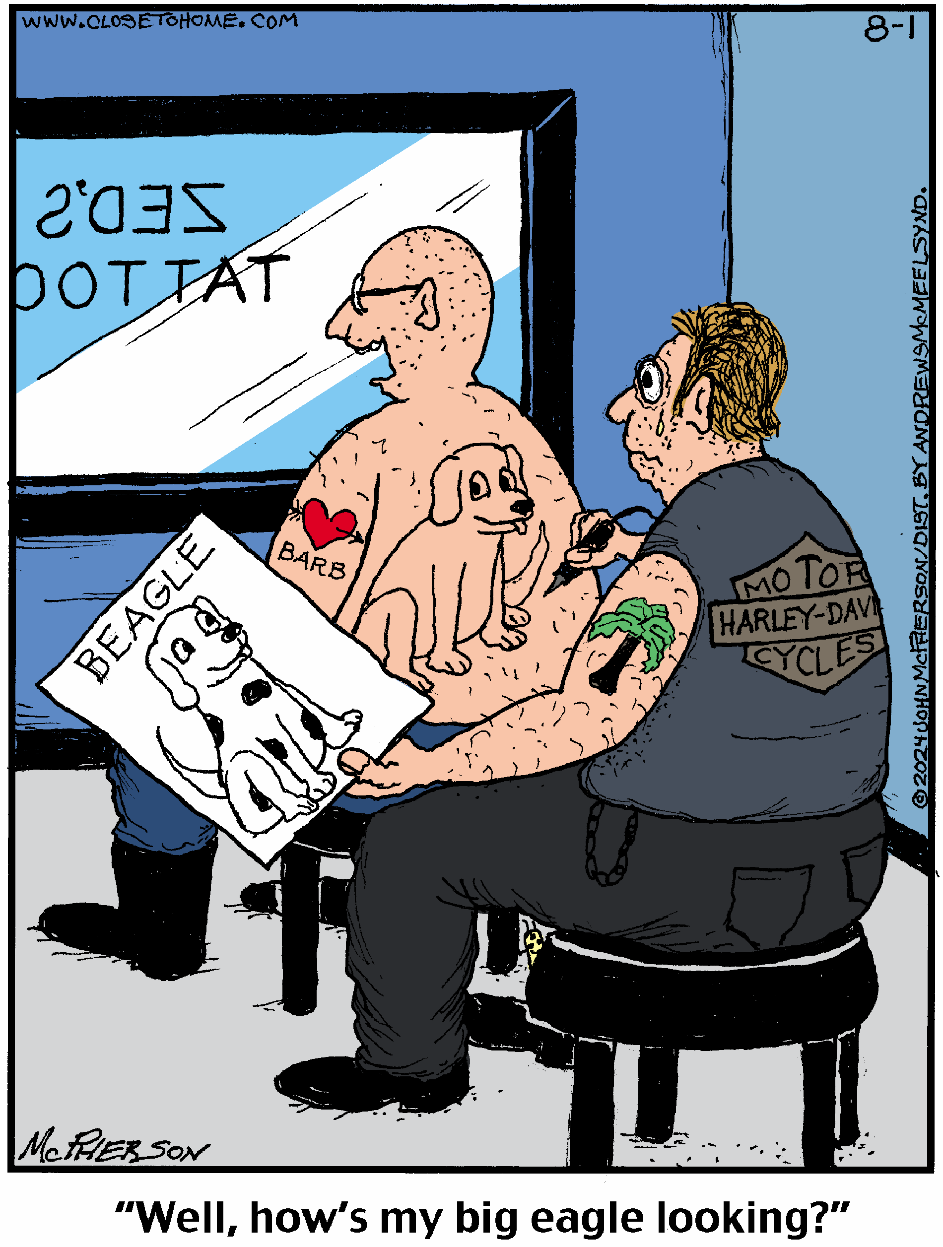 Tattoo artist showing a customer a design of a beagle, while the customer, sitting shirtless with various tattoos, asks about the appearance of his large eagle tattoo. The scene takes place in a tattoo parlor, highlighting the humorous interaction between the artist and customer.