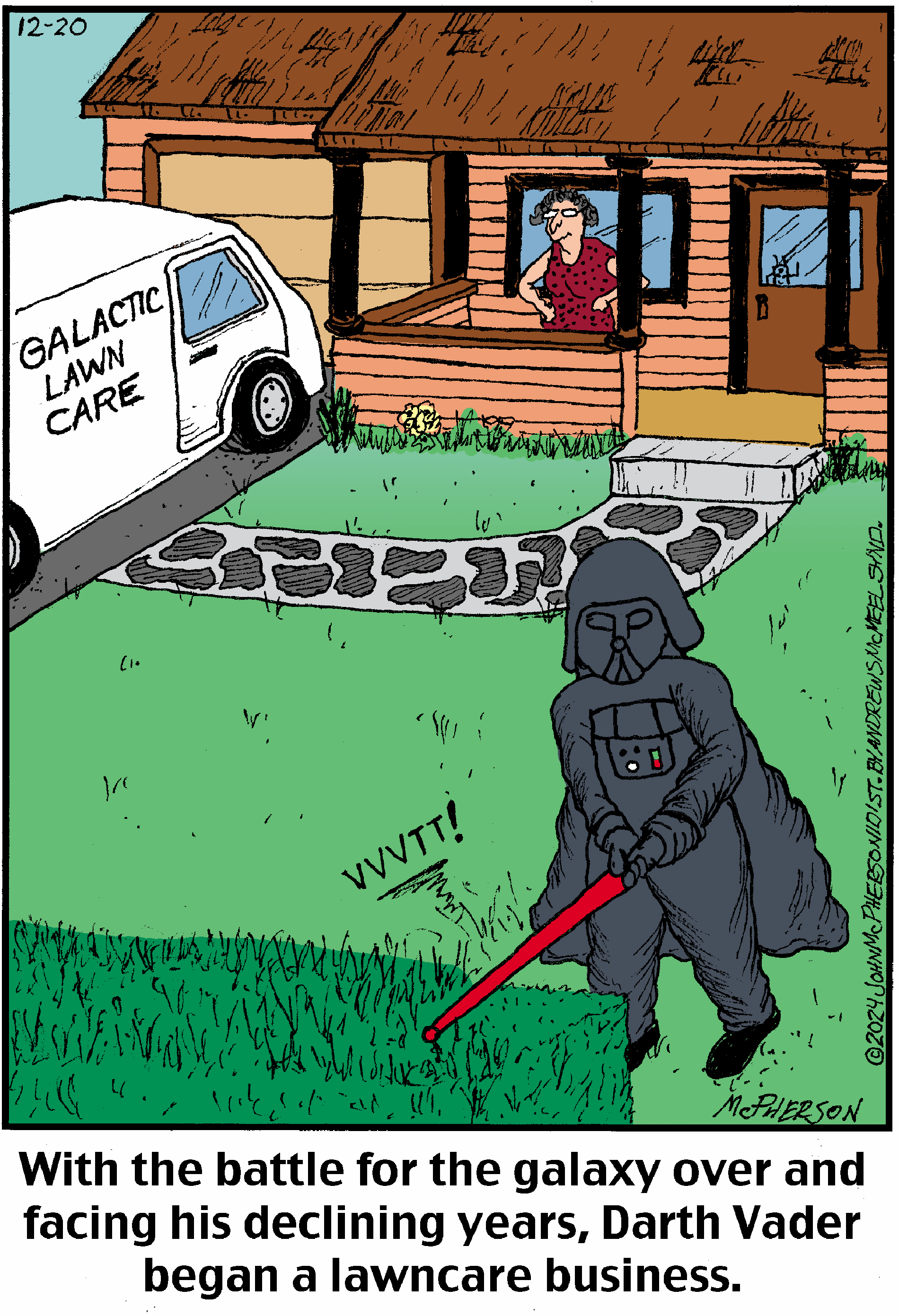Darth Vader using a lightsaber to mow a lawn for his new business, Galactic Lawn Care, outside a residential home, with a surprised woman watching from the porch.