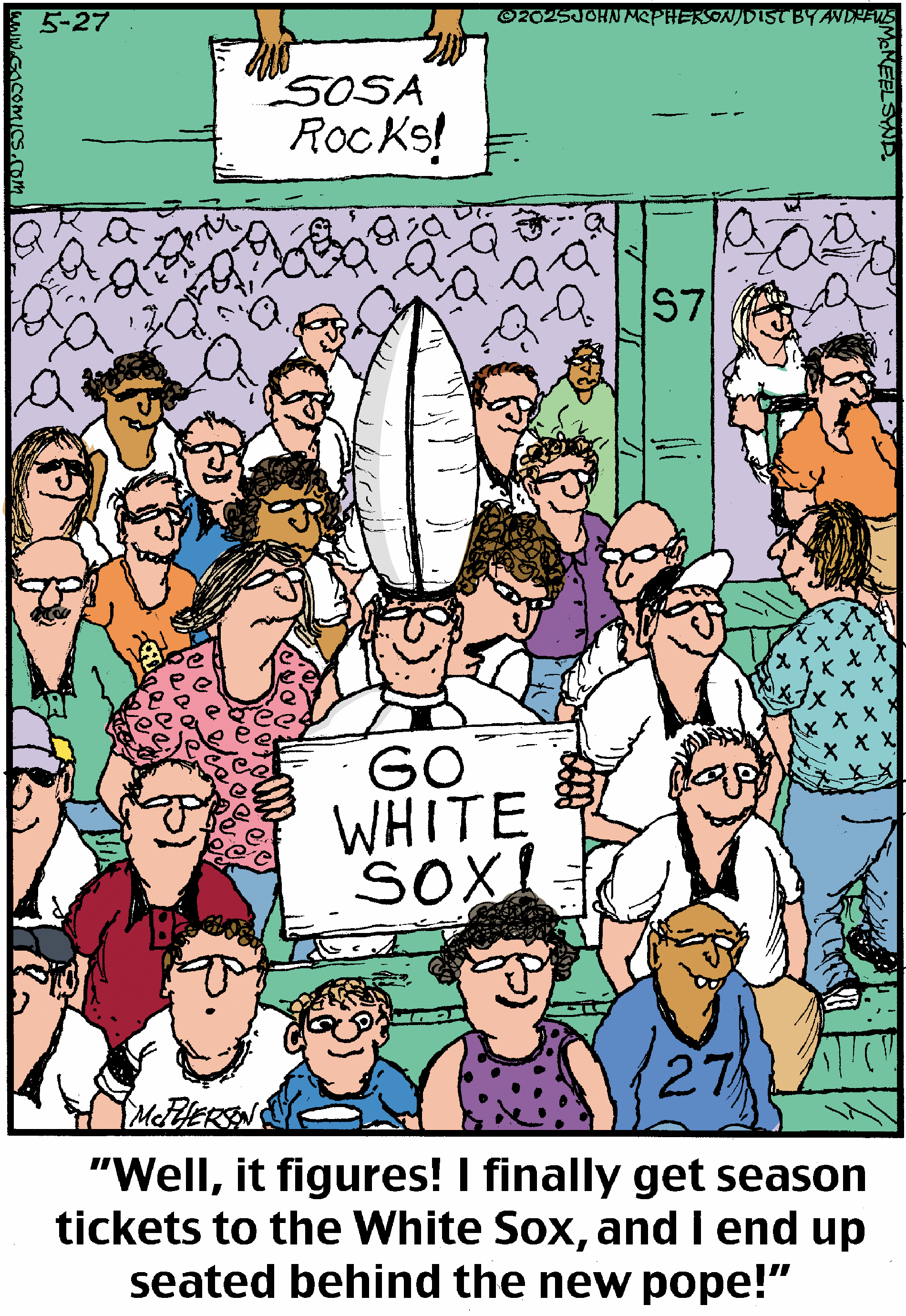 Cartoon depicting a humorous scene at a baseball game, featuring enthusiastic fans holding signs that read 