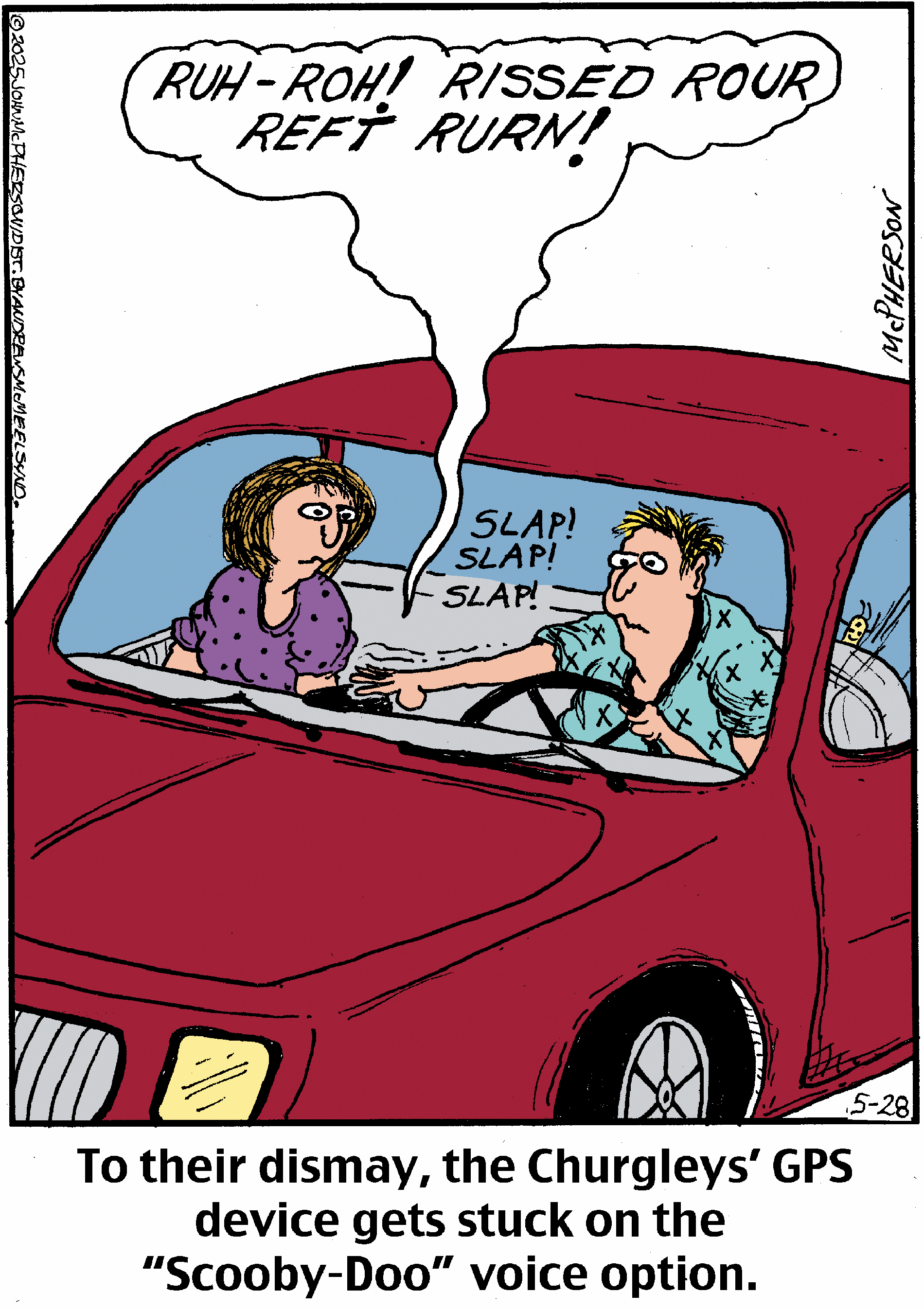 A cartoon depicting a couple in a red car, with the woman looking frustrated while the man drives, as their GPS humorously malfunctions with a 