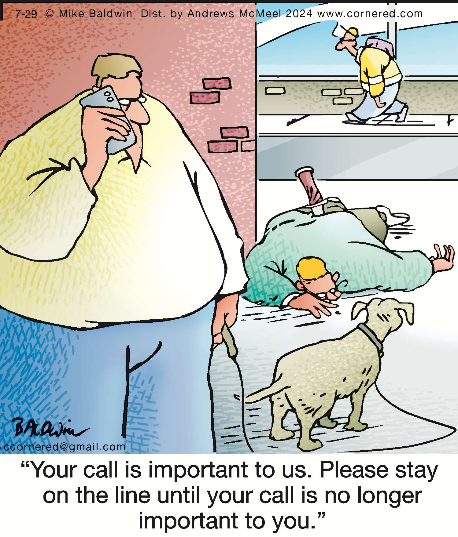 Cartoon depicting a man on the phone with a humorous message about call importance, while a dog and a child observe a scene outside where a man is lying on the ground. The image illustrates a comedic take on customer service and communication delays.