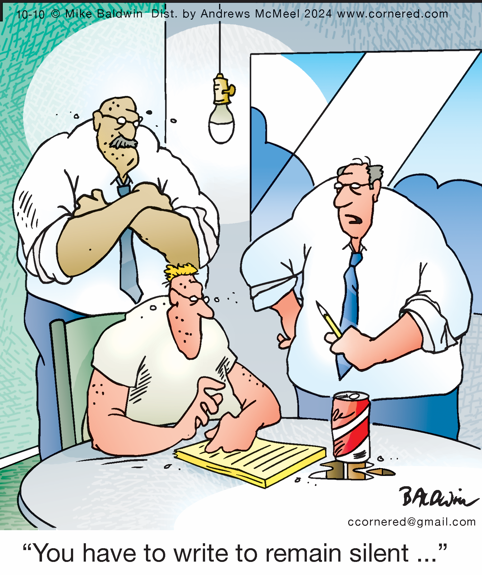 Cartoon depicting a tense office scene with three men. One man, seated at a table with a notepad, looks anxious while two men stand nearby, one holding a pencil and the other with crossed arms. A soda can is on the table, highlighting the pressure of the situation. The scene captures themes of communication and expression in a humorous way.