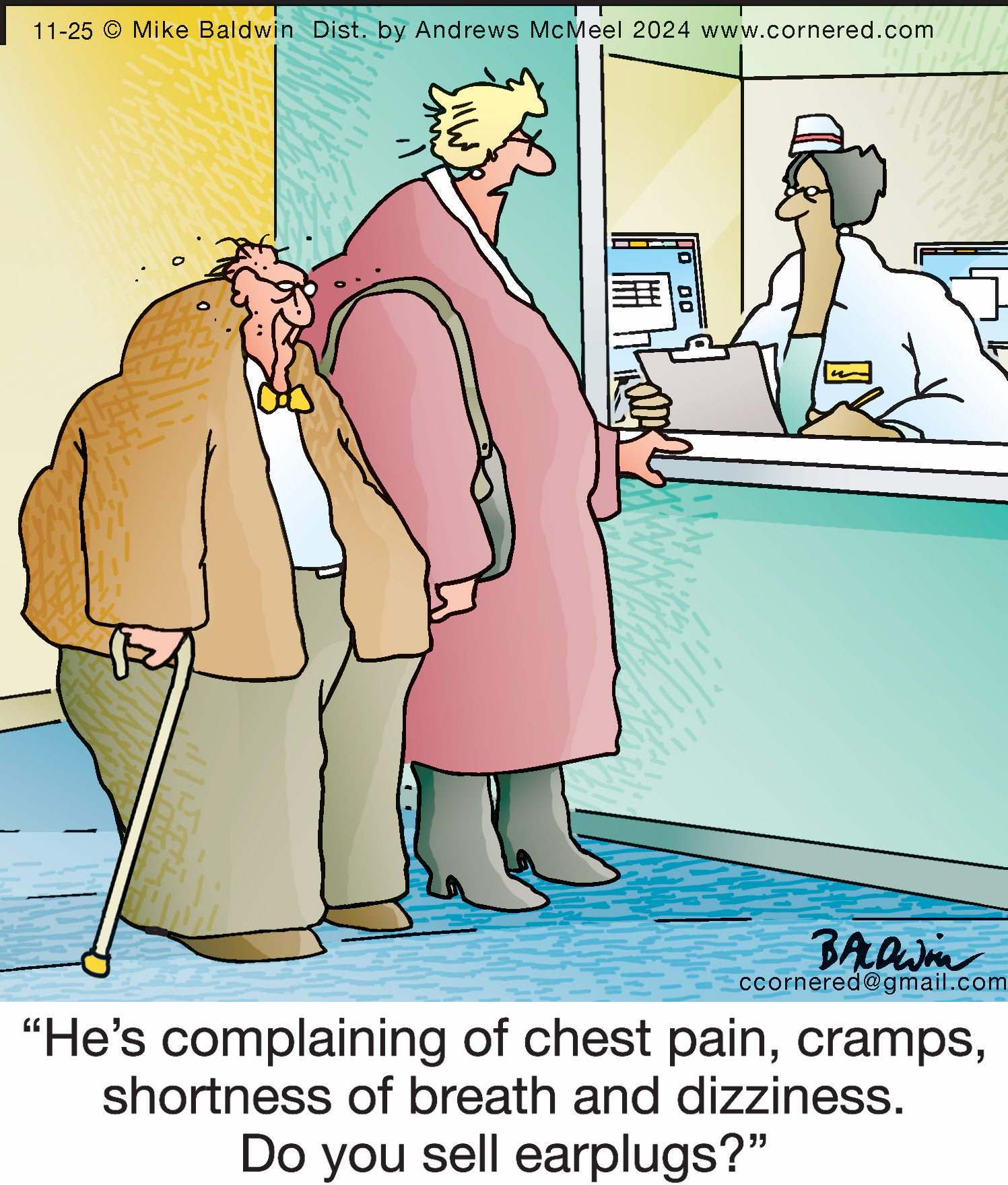 A humorous cartoon depicting a patient at a reception desk, with a concerned companion discussing symptoms like chest pain and shortness of breath to a medical staff member. The scene highlights the importance of addressing health concerns in a lighthearted manner.