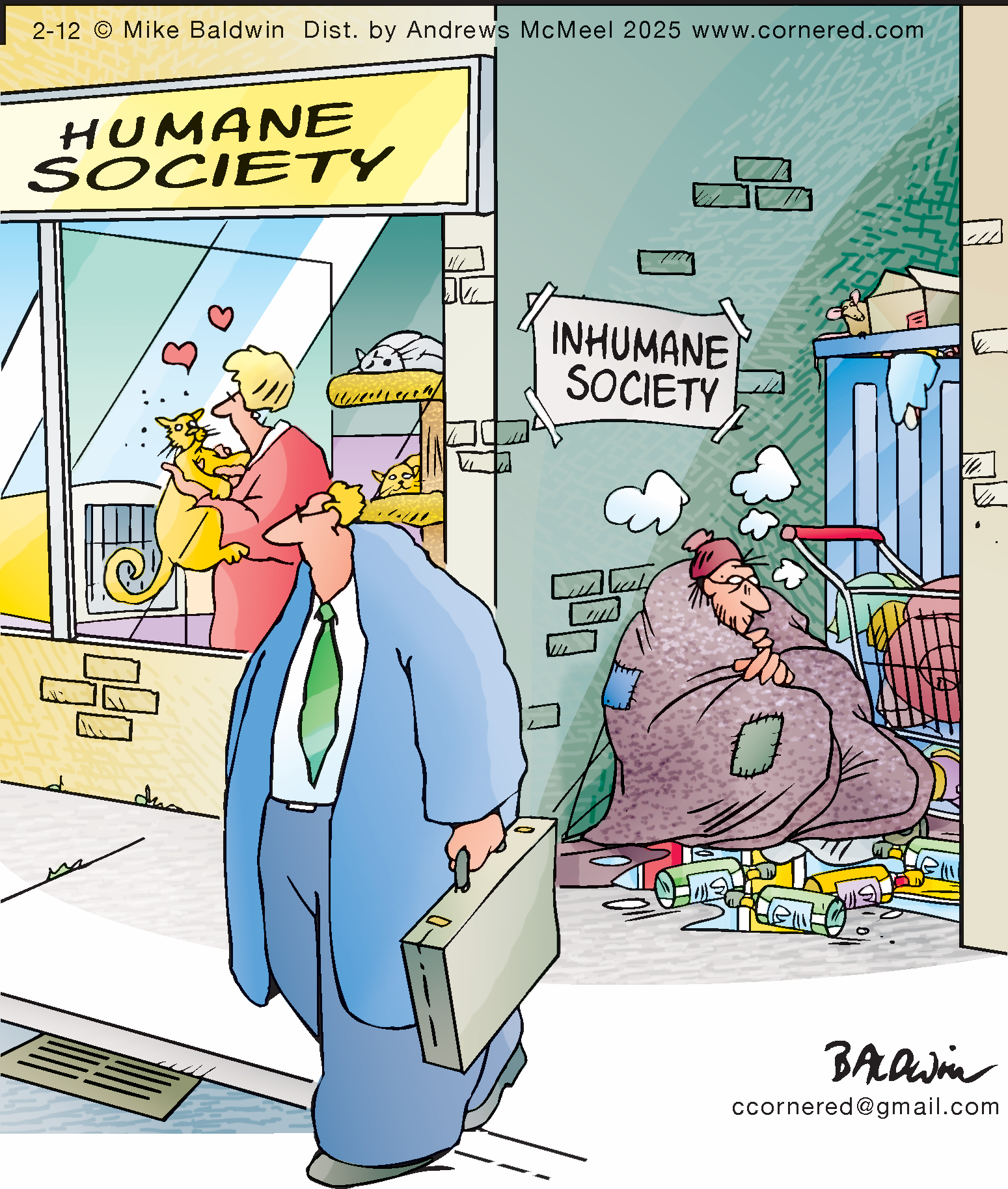 Cartoon depicting a contrasting scene outside a humane society, featuring a couple happily adopting a cat, while a disheveled man sits beside a trash-filled alley labeled 