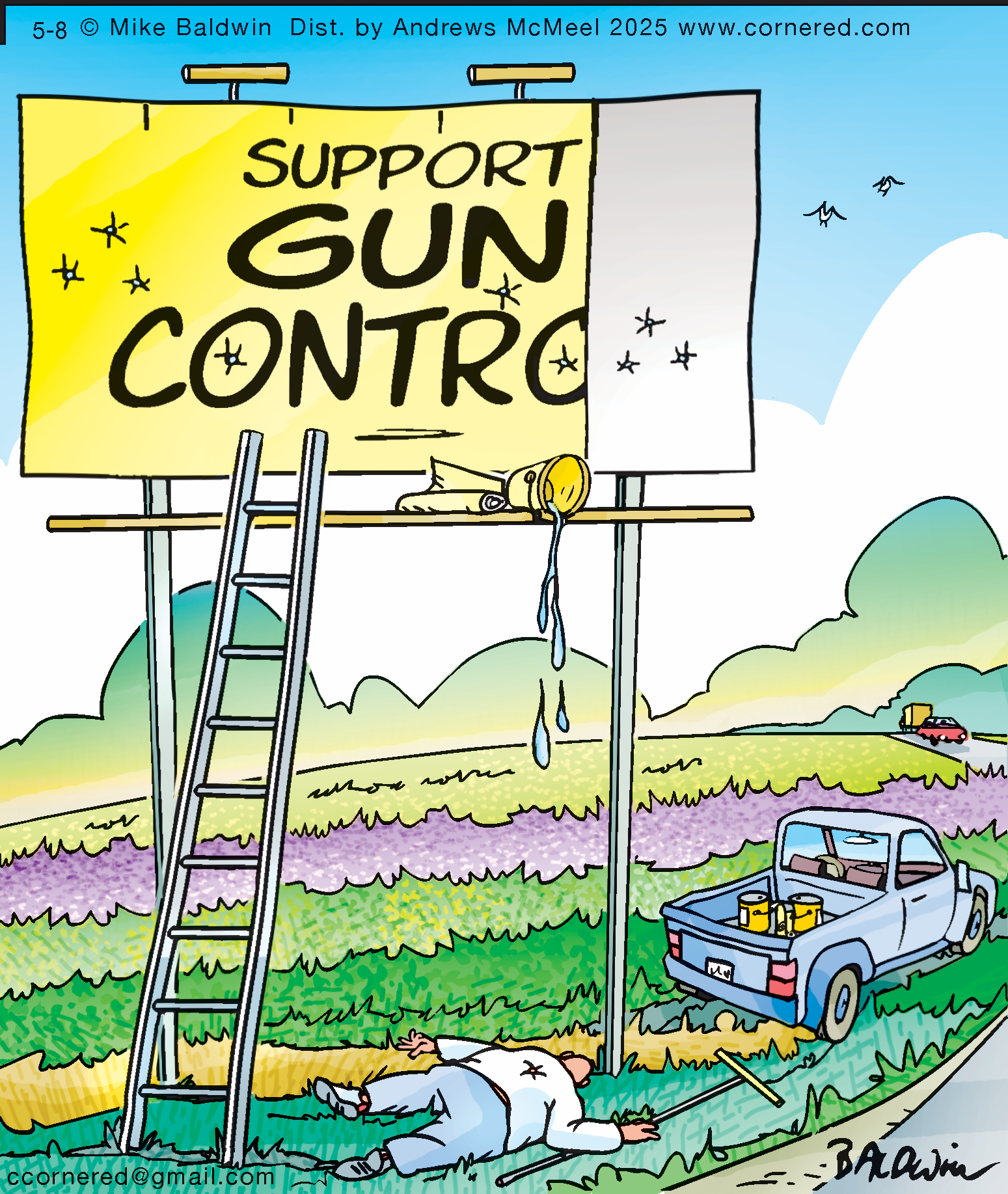 Cartoon depicting a rural scene with a man on a ladder painting a sign that reads 