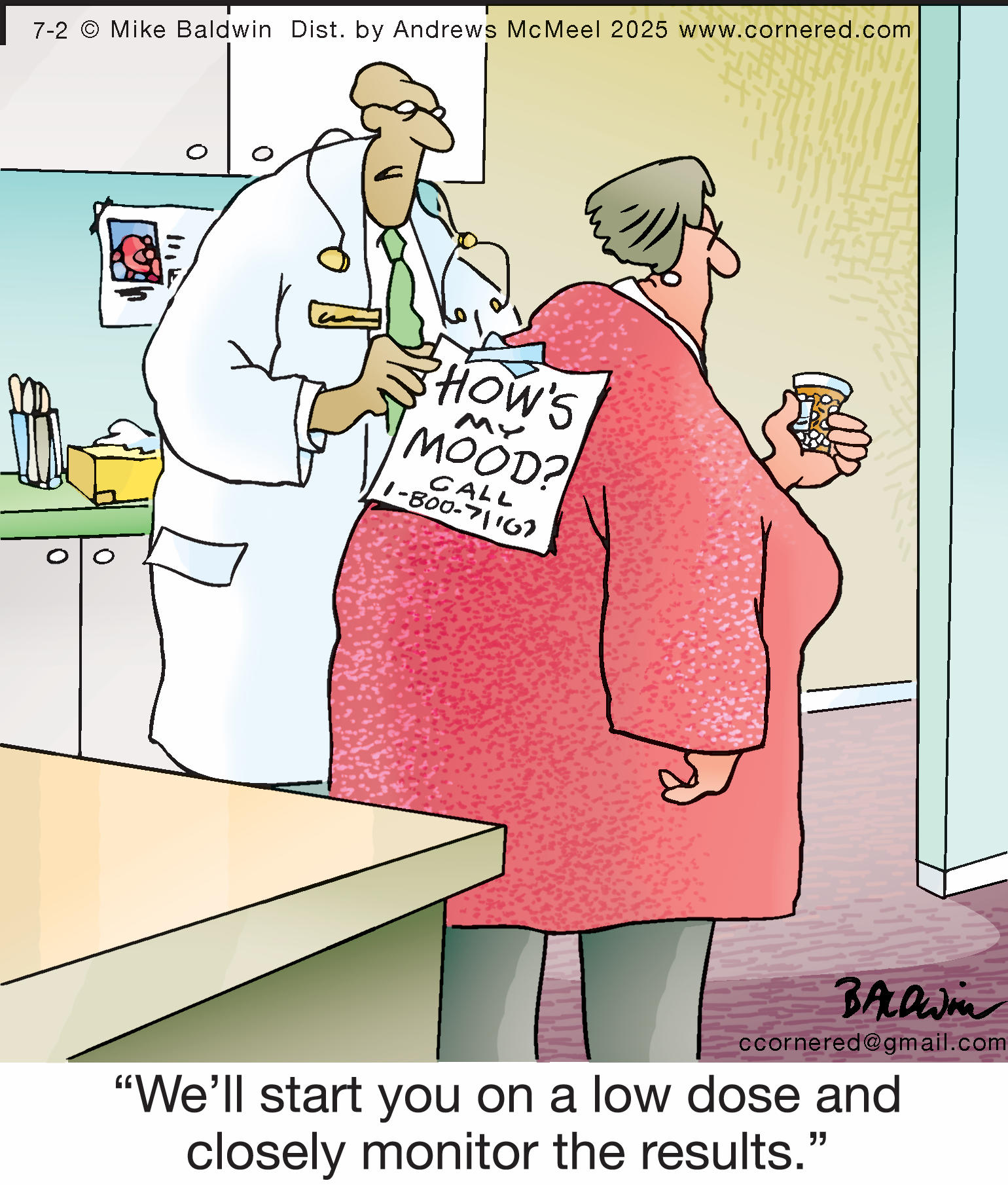 Cartoon depicting a doctor consulting with a patient in a medical office, holding a sign that reads 