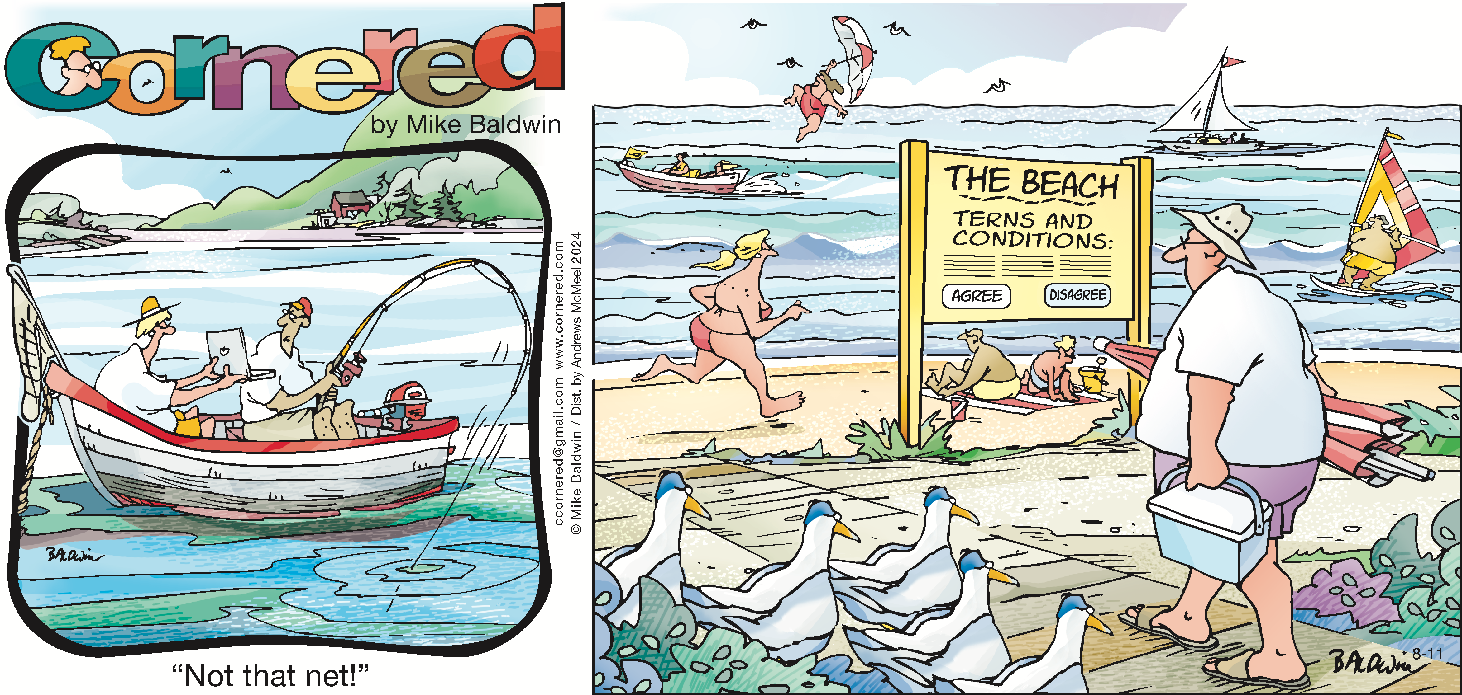 Cartoon depicting a beach scene with a woman running on the sand, a sign detailing beach conditions, and people engaging in various activities such as boating and parasailing, while seagulls gather nearby.
