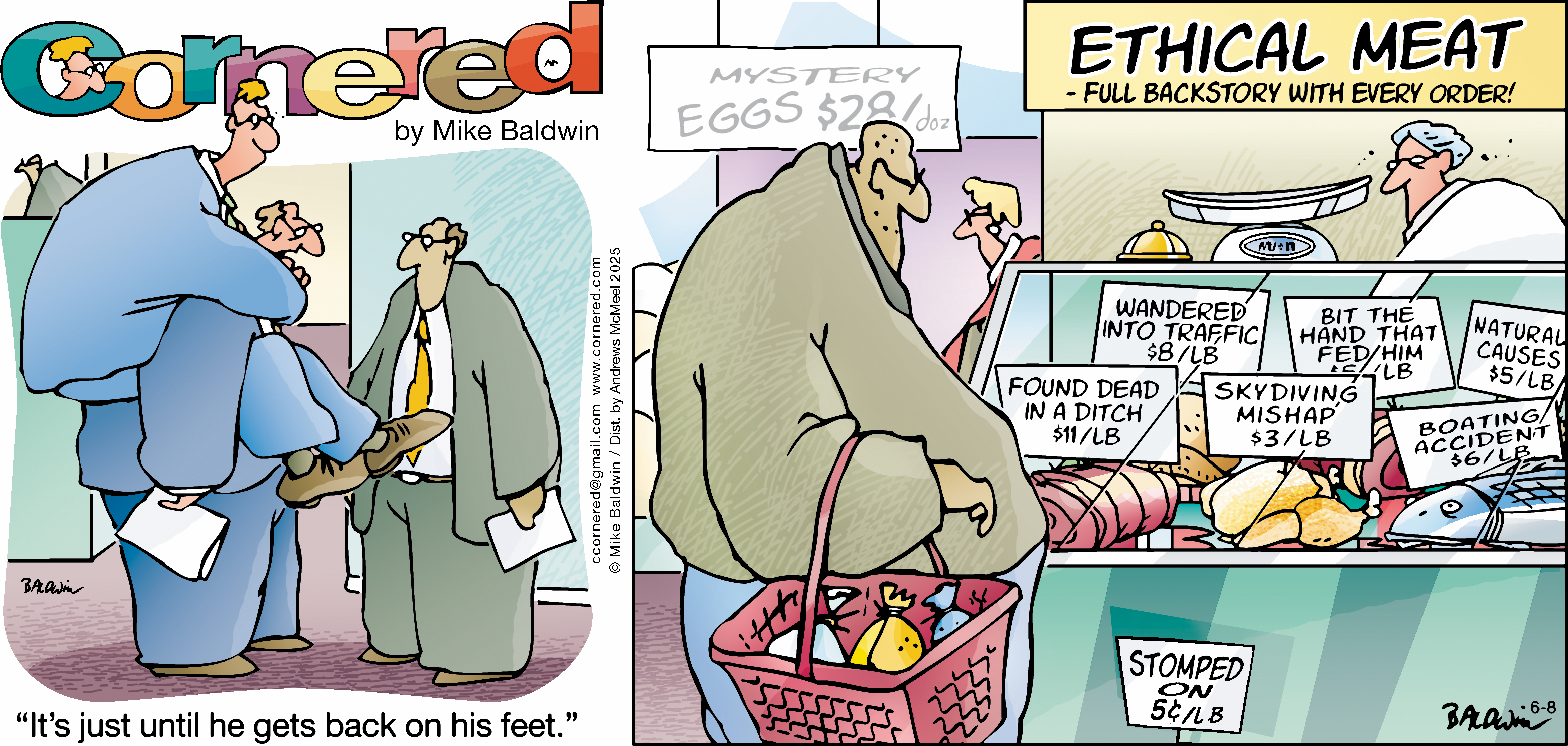 Cartoon depicting a humorous scene in a grocery store where a large man carries a basket filled with colorful mystery eggs priced at $28, while a store employee looks on. The background features various meat products and promotional signs, showcasing a lighthearted take on shopping experiences.