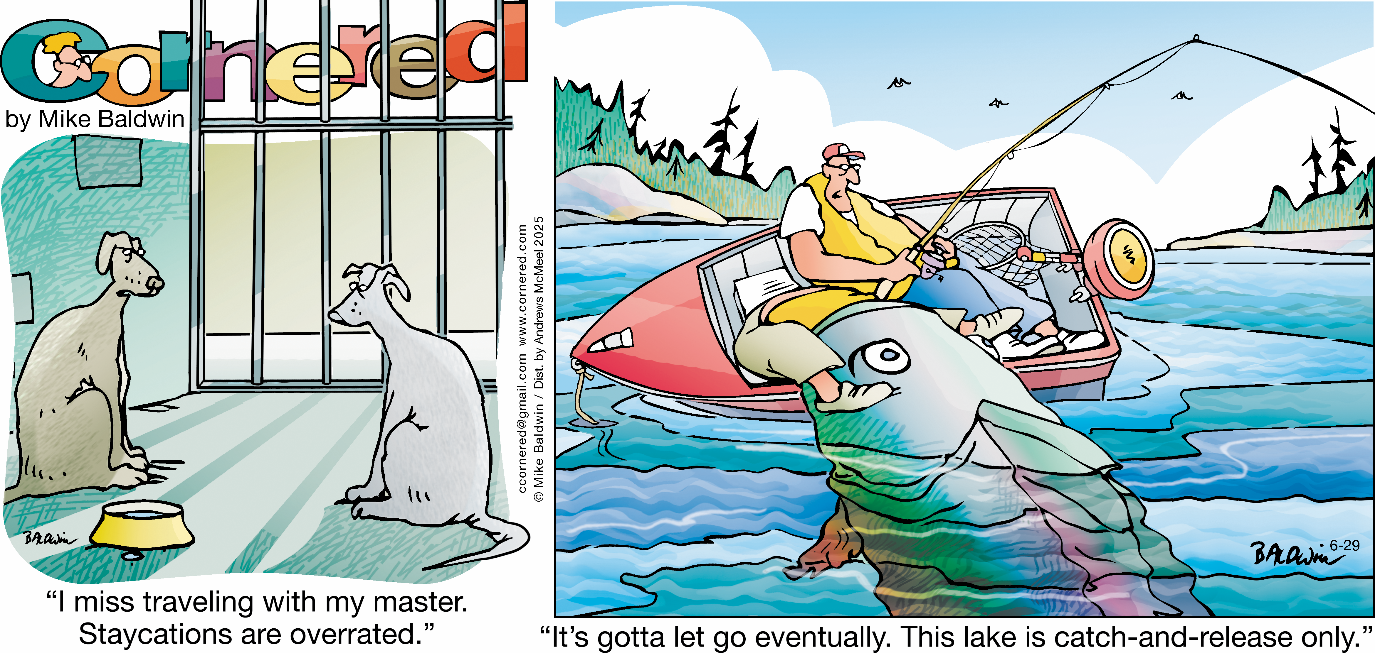 Cartoon depicting a dog in a cage on the left, expressing sadness over being separated from its owner, and a fisherman on the right humorously struggling with a giant fish while fishing in a lake, highlighting themes of companionship and the challenges of fishing.