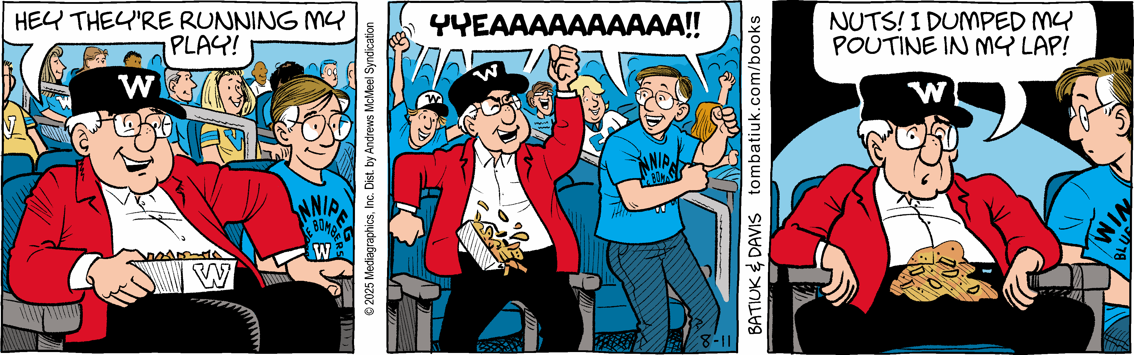 A comic strip featuring a man in a red jacket and a black cap, sitting in a stadium, excitedly reacting to a play. In the first panel, he exclaims about a play being run, while in the second, he cheers enthusiastically with fans around him. The third panel shows him dismayed after spilling poutine on his lap. The scene captures the lively atmosphere of a sports event.