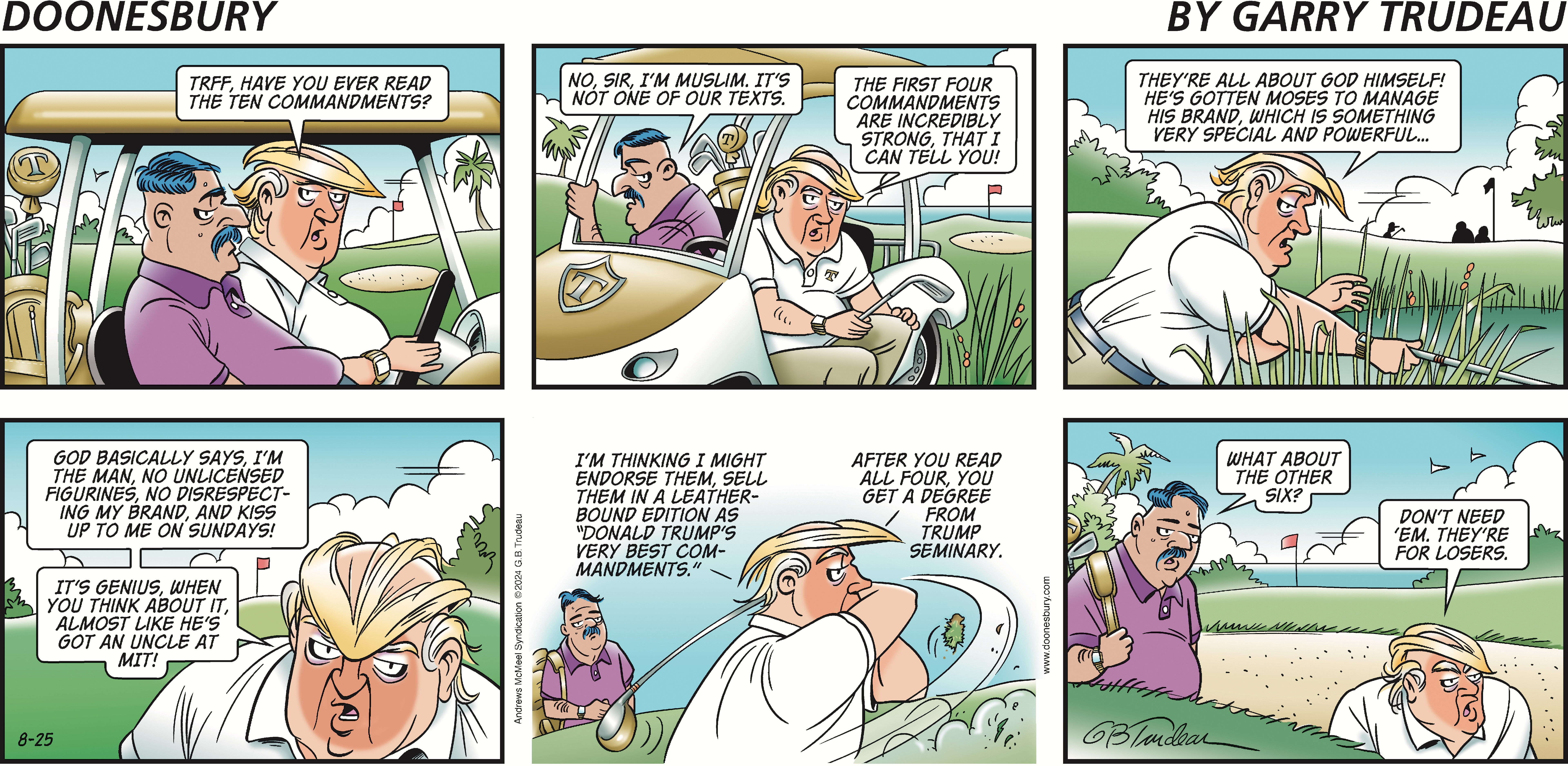 Cartoon depicting a humorous conversation between two characters about the Ten Commandments, featuring one character suggesting a commercialized version of 