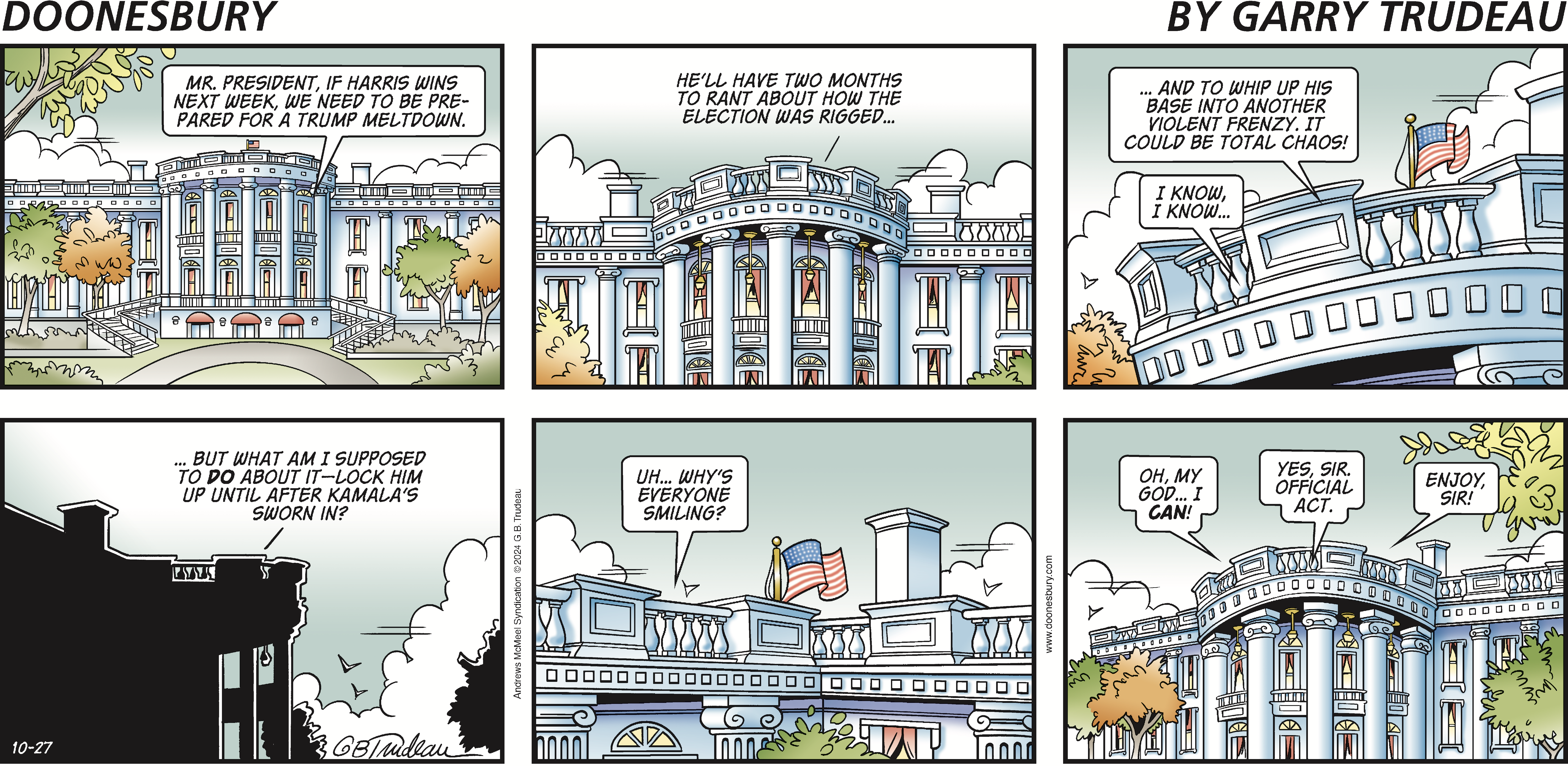 Political cartoon depicting a conversation about preparing for potential chaos following an election, featuring the White House and humorous dialogue among characters. The scene highlights themes of political tension and satire.