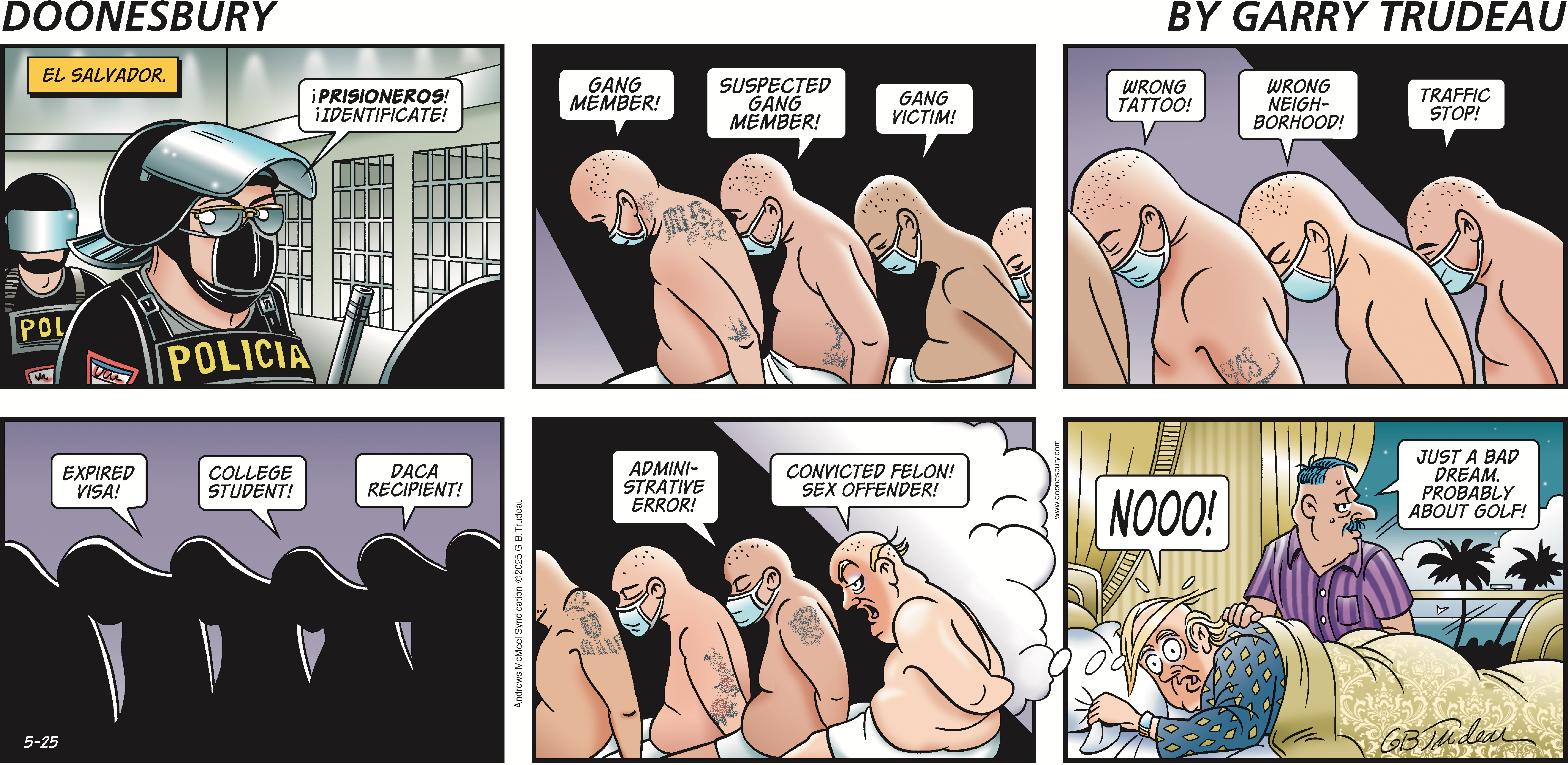 A comic strip depicting a humorous scene in a prison setting, featuring several characters wearing masks and discussing a comical misunderstanding about their situation. The panels showcase exaggerated expressions and playful dialogue, emphasizing the absurdity of the moment.