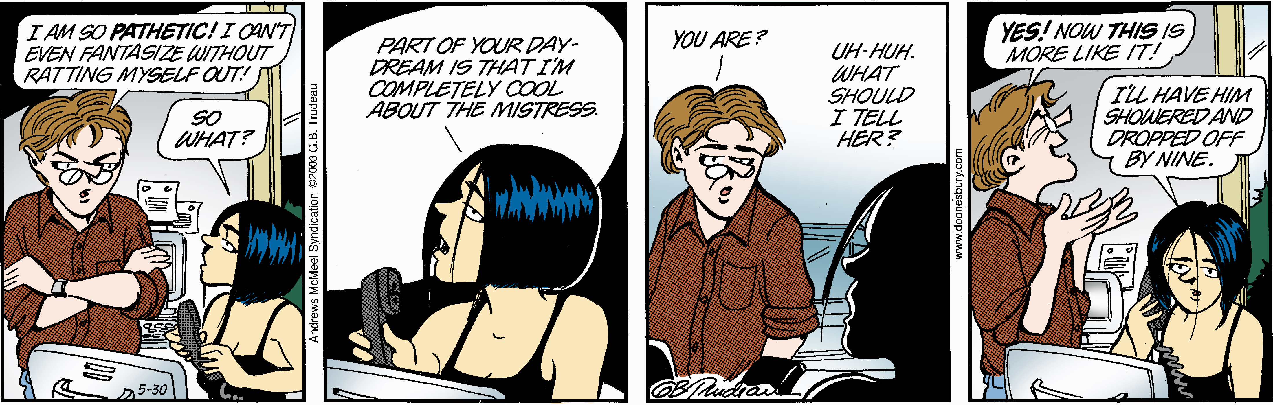 Comic strip featuring a conversation between two characters discussing personal feelings and relationships. The male character expresses self-deprecation, while the female character responds with casual confidence. The scene highlights themes of vulnerability and humor in interpersonal dynamics.